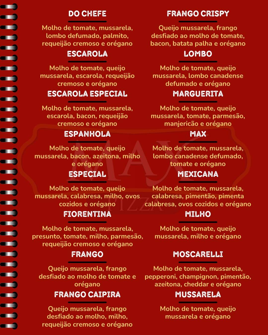 Max Pizza cardápio