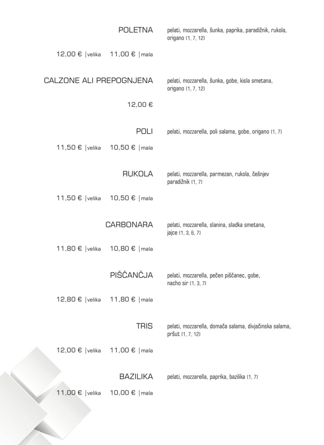 Menu di Gostilnica in picerija KOCKA 