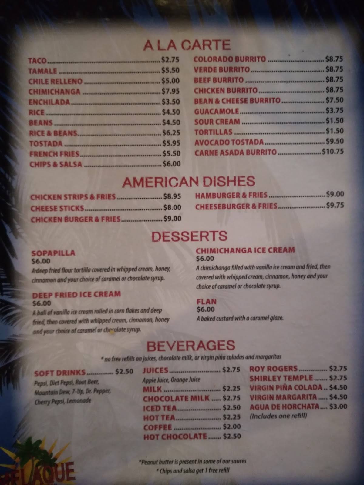 Menu at Melaque Mexican Restaurant, Helena