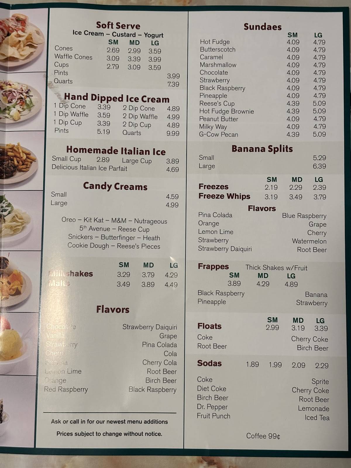Menu at Mikie's Ice Cream & Green Cow restaurant, Greencastle