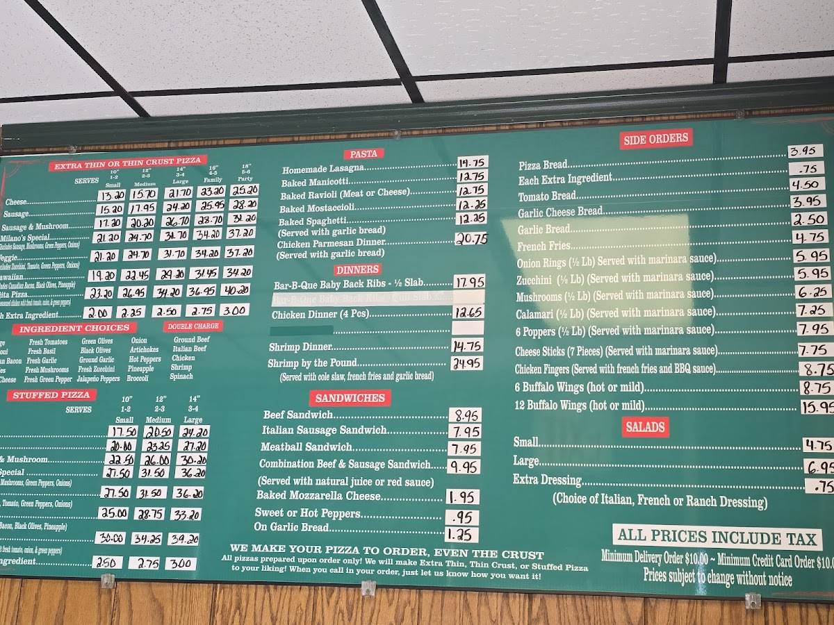 Menu at Milano's Pizza pizzeria, Chicago, S Western Ave
