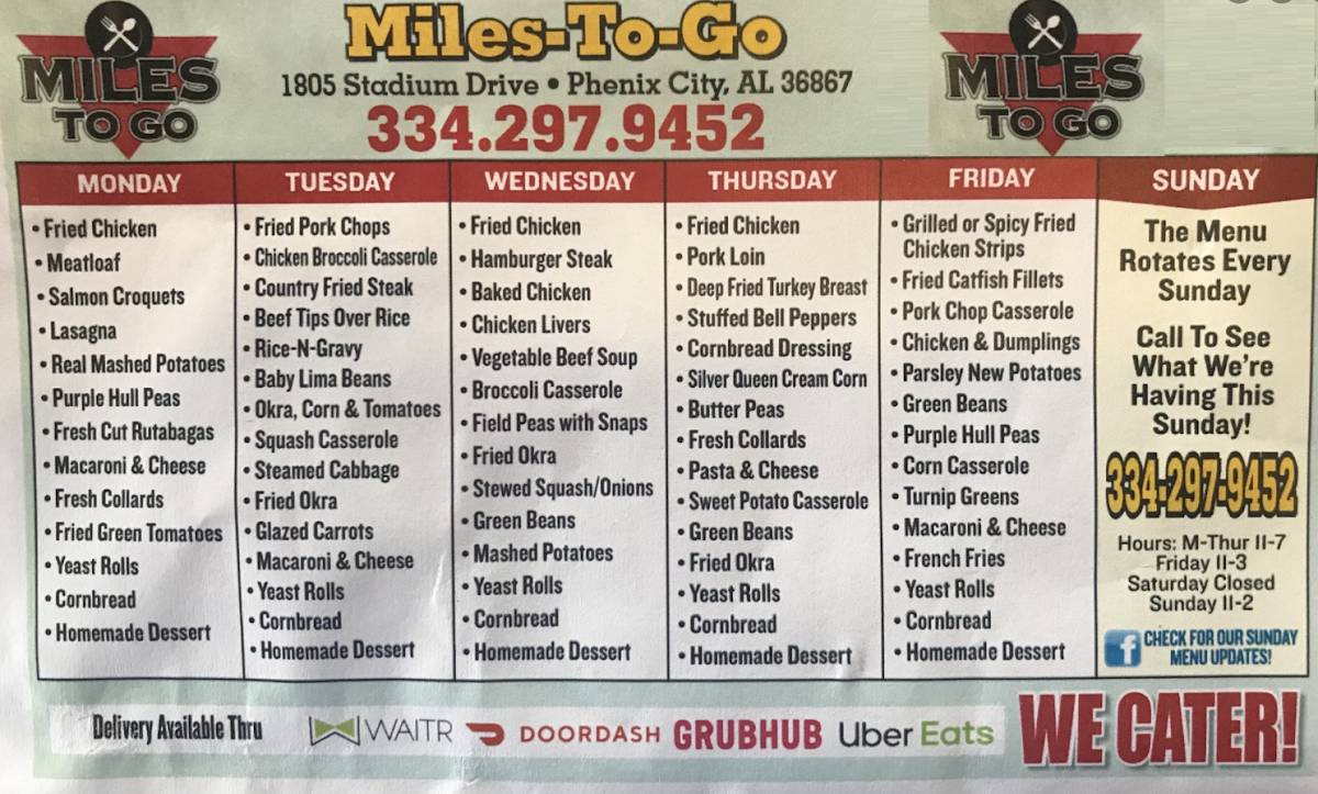 Miles To Go Phenix City Menu