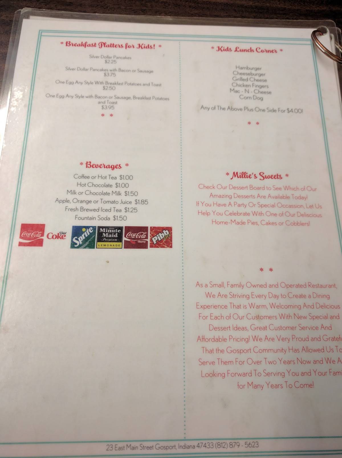 Menu at Millie McGee's Gosport Diner Restaurant, Gosport