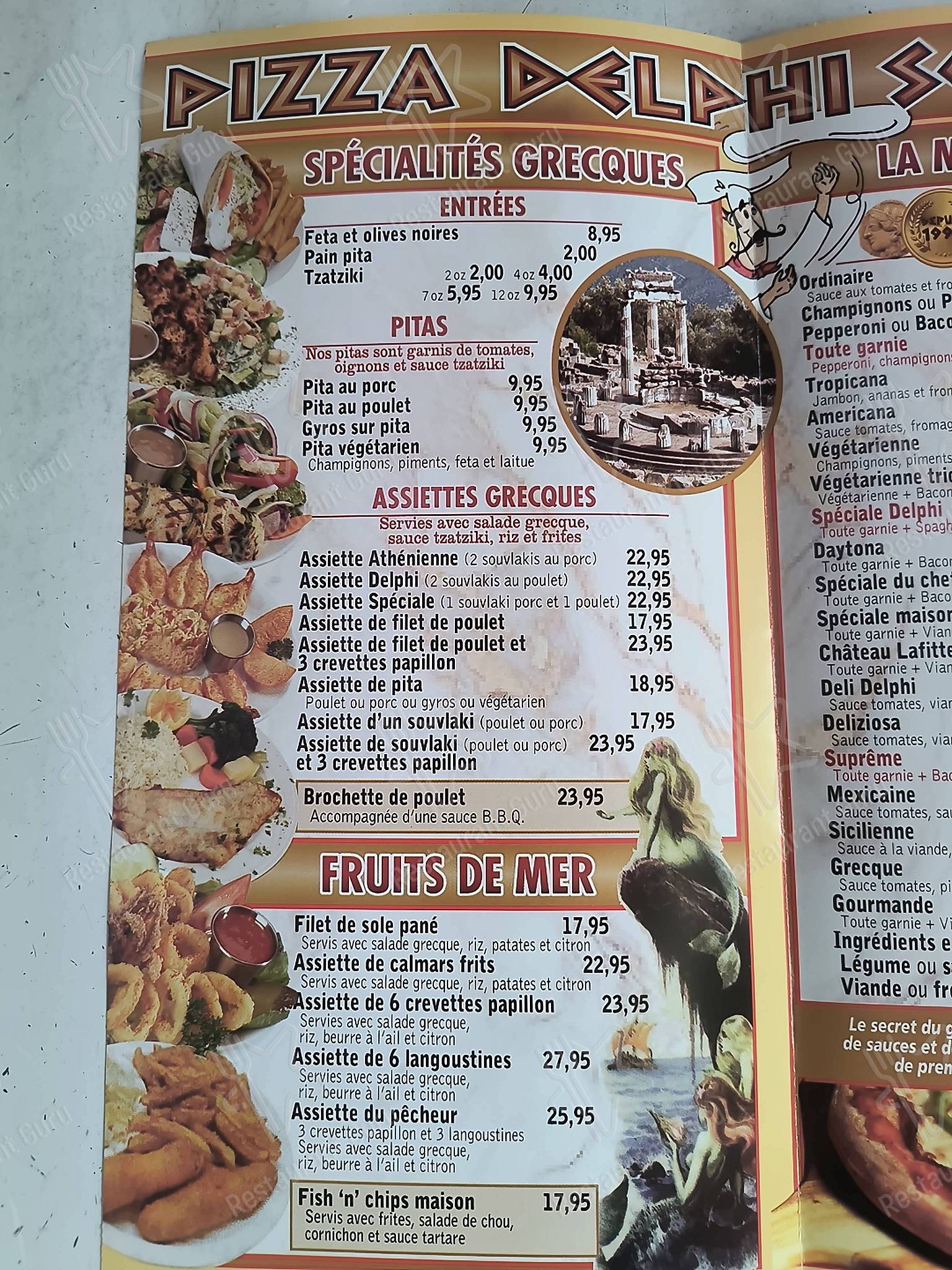 Menu au Pizza Delphi SousMarins pizzeria, Mirabel