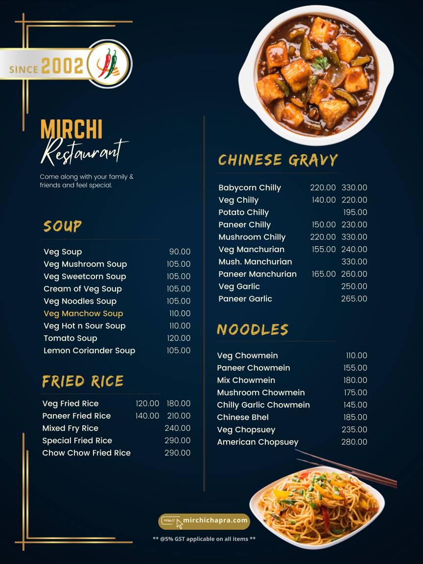 Mirchi Restaurant menu