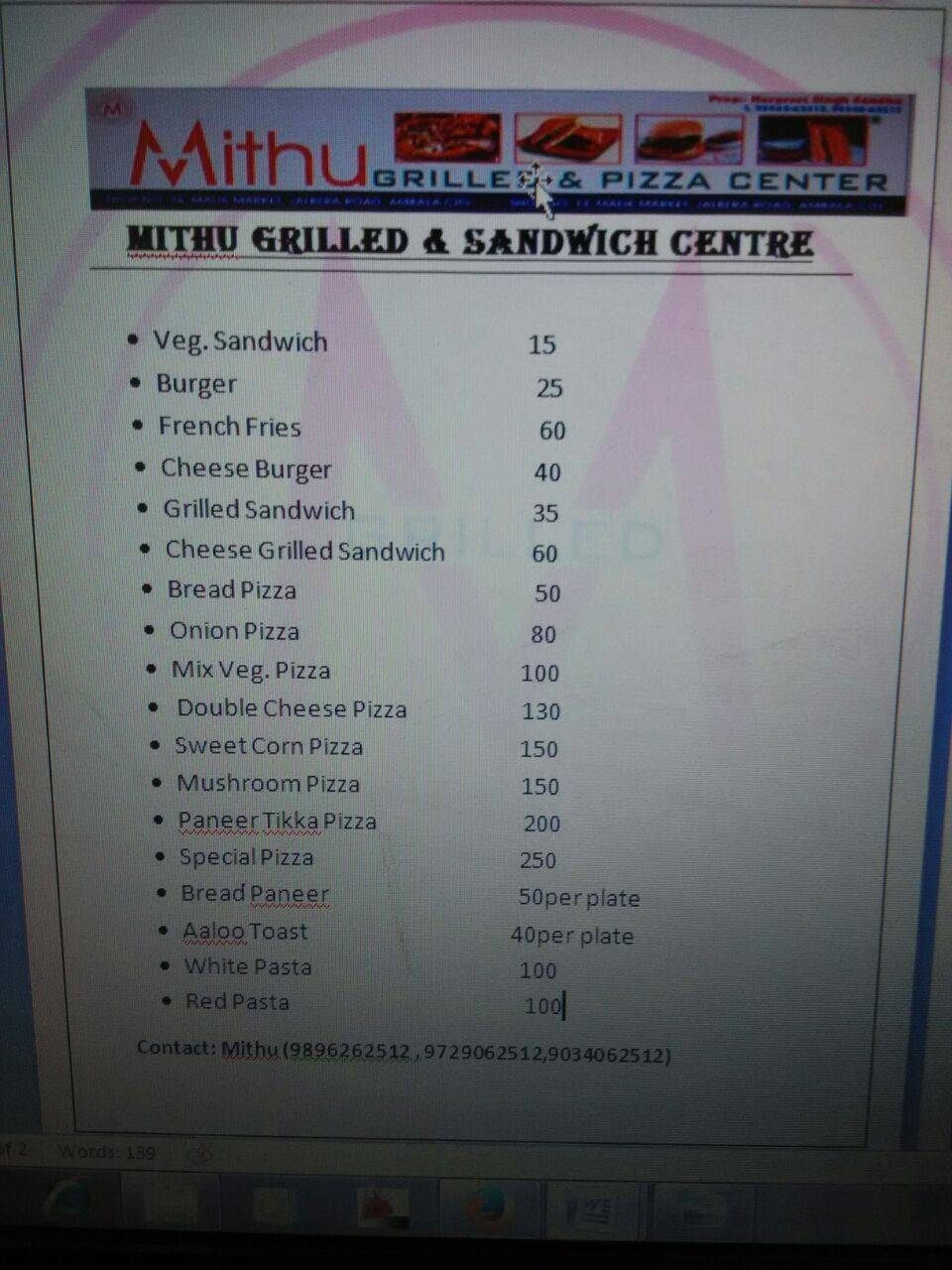 Mithu grilled & pizza centre menu