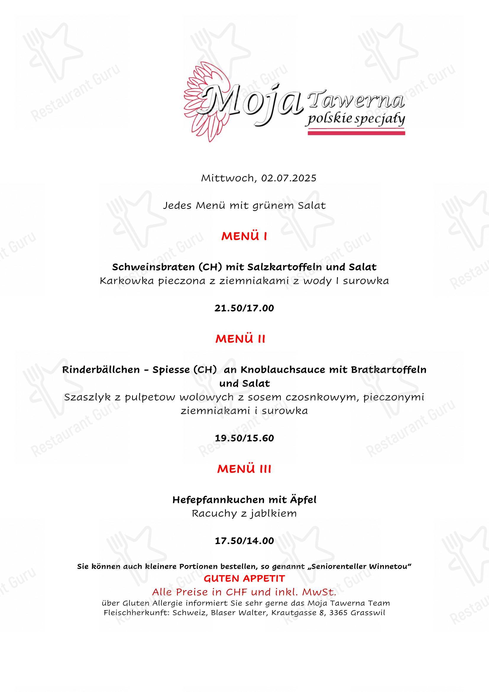 Menu di Moja Tawerna - Lunch Menu
