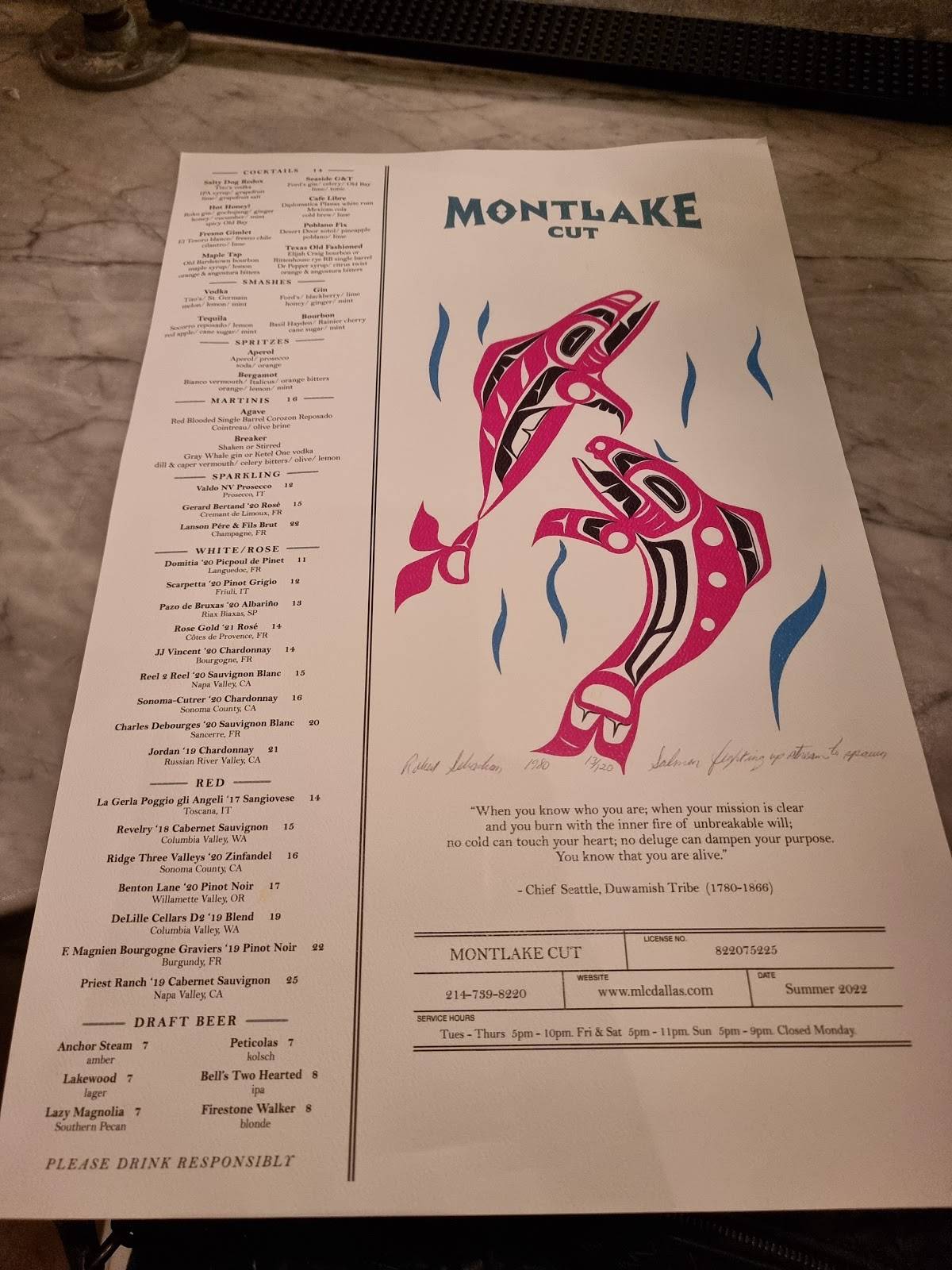 Menu at Montlake Cut restaurant, Dallas