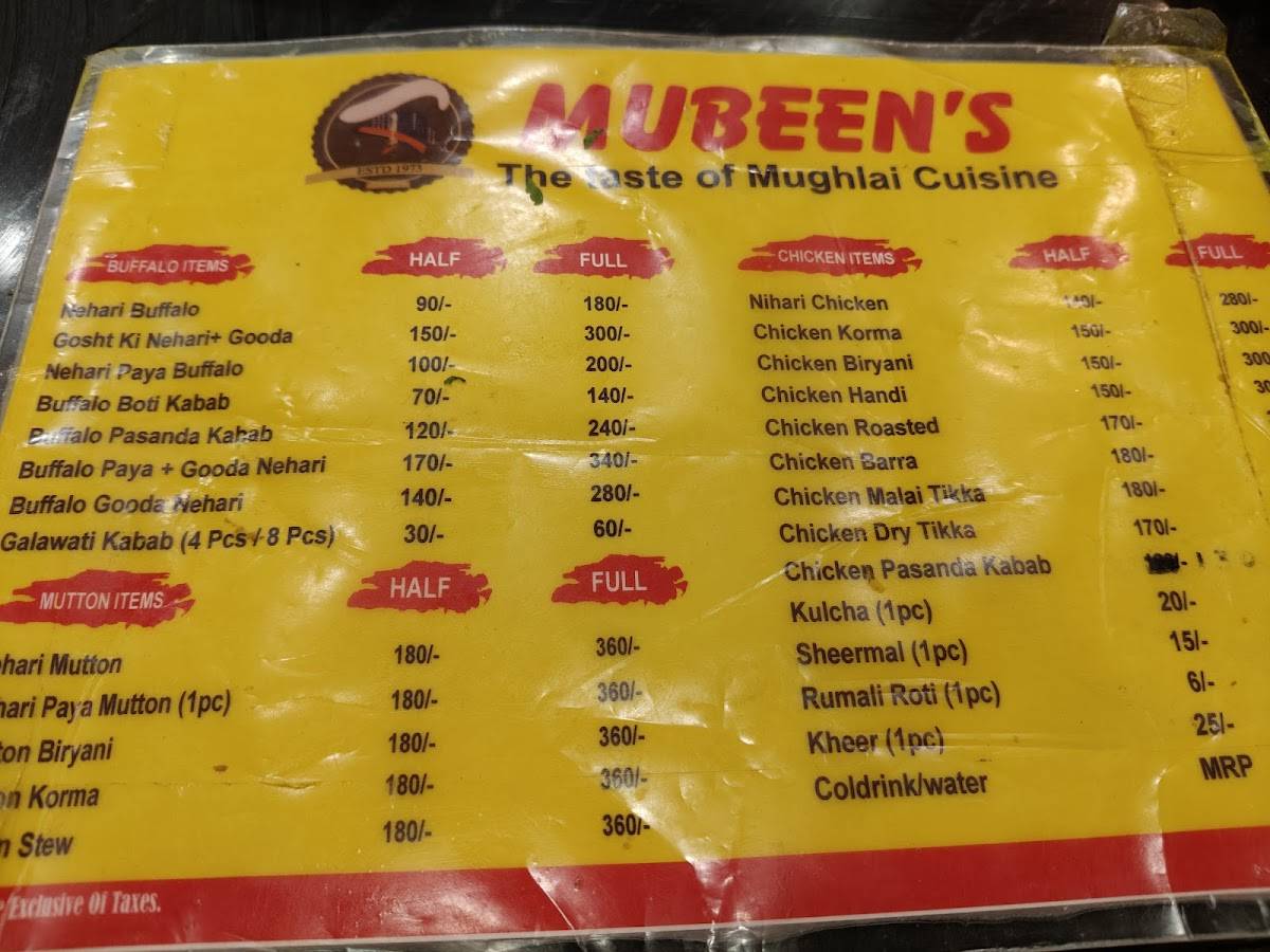 Mubeen's menu