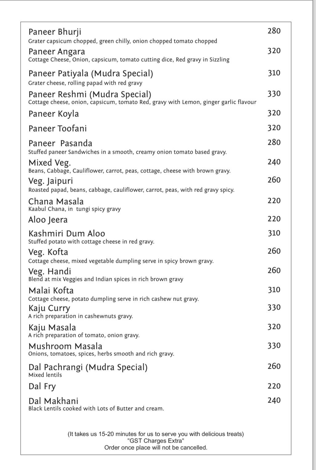 Mudra Restaurant menu