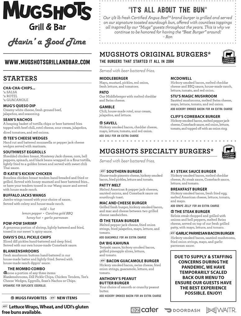 Menu at Mugshots Grill and Bar - Biloxi. MS, Biloxi, 130 Main St