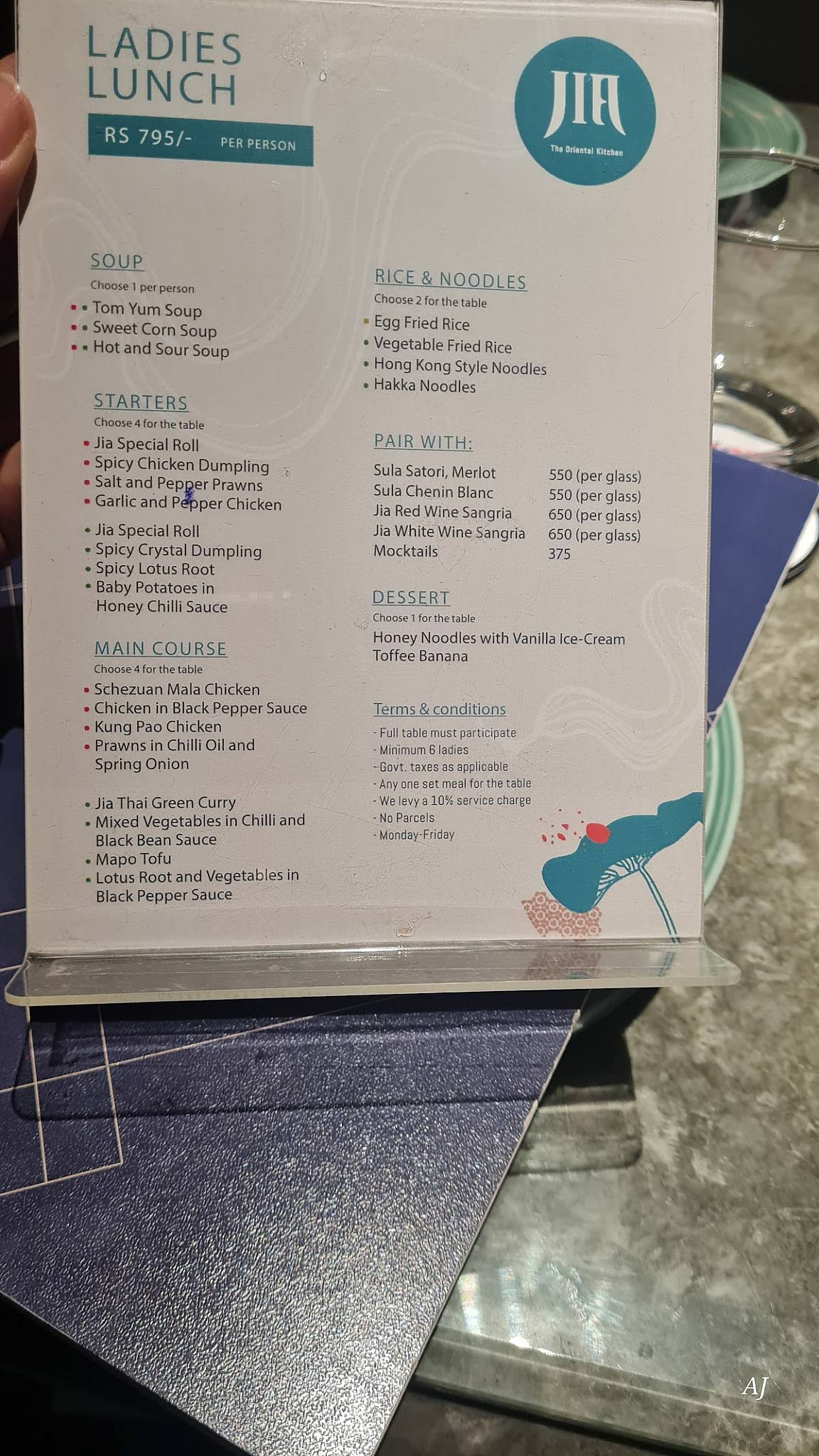 Jia the Oriental Kitchen menu