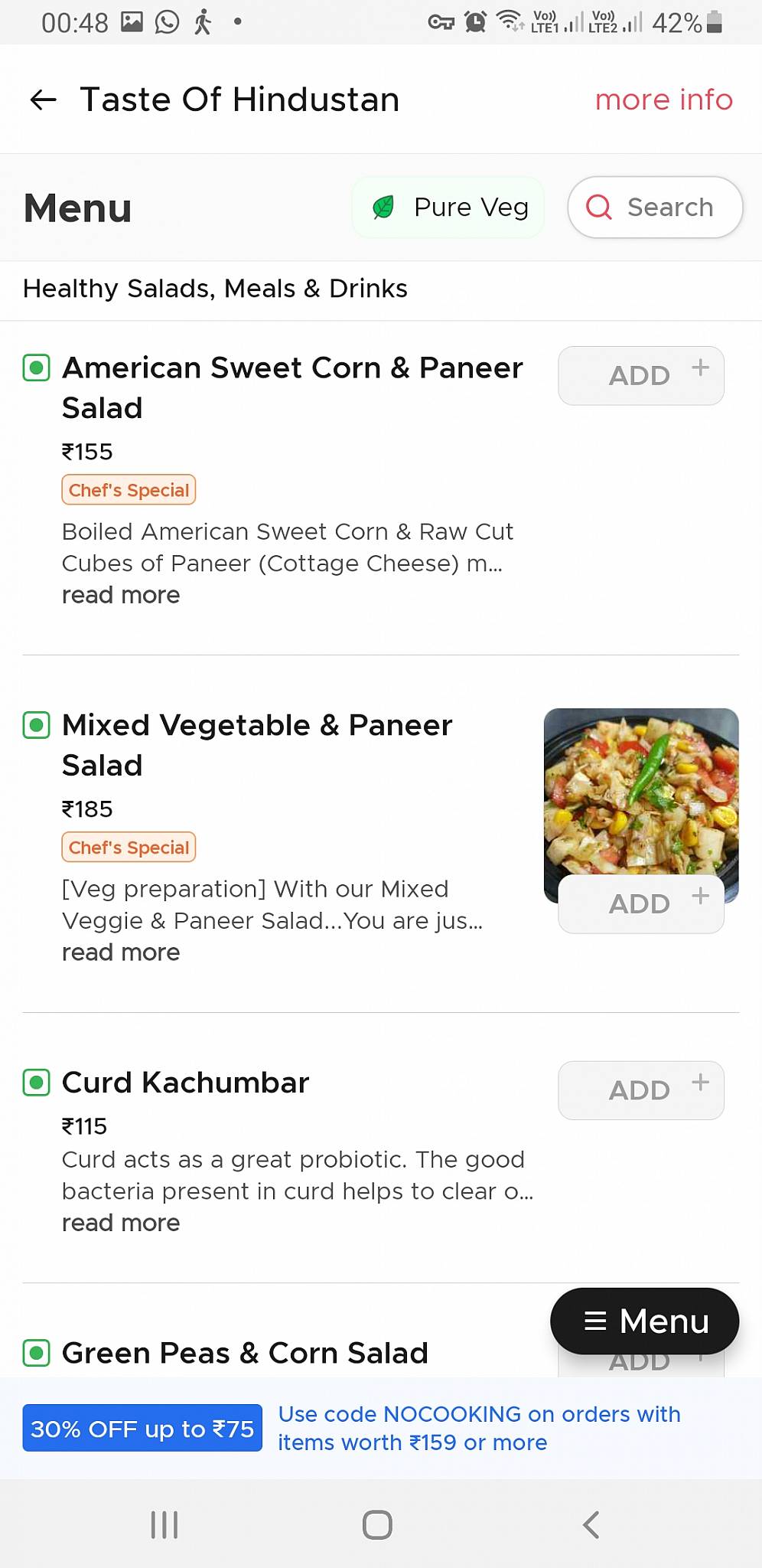 Taste of Hindustan menu