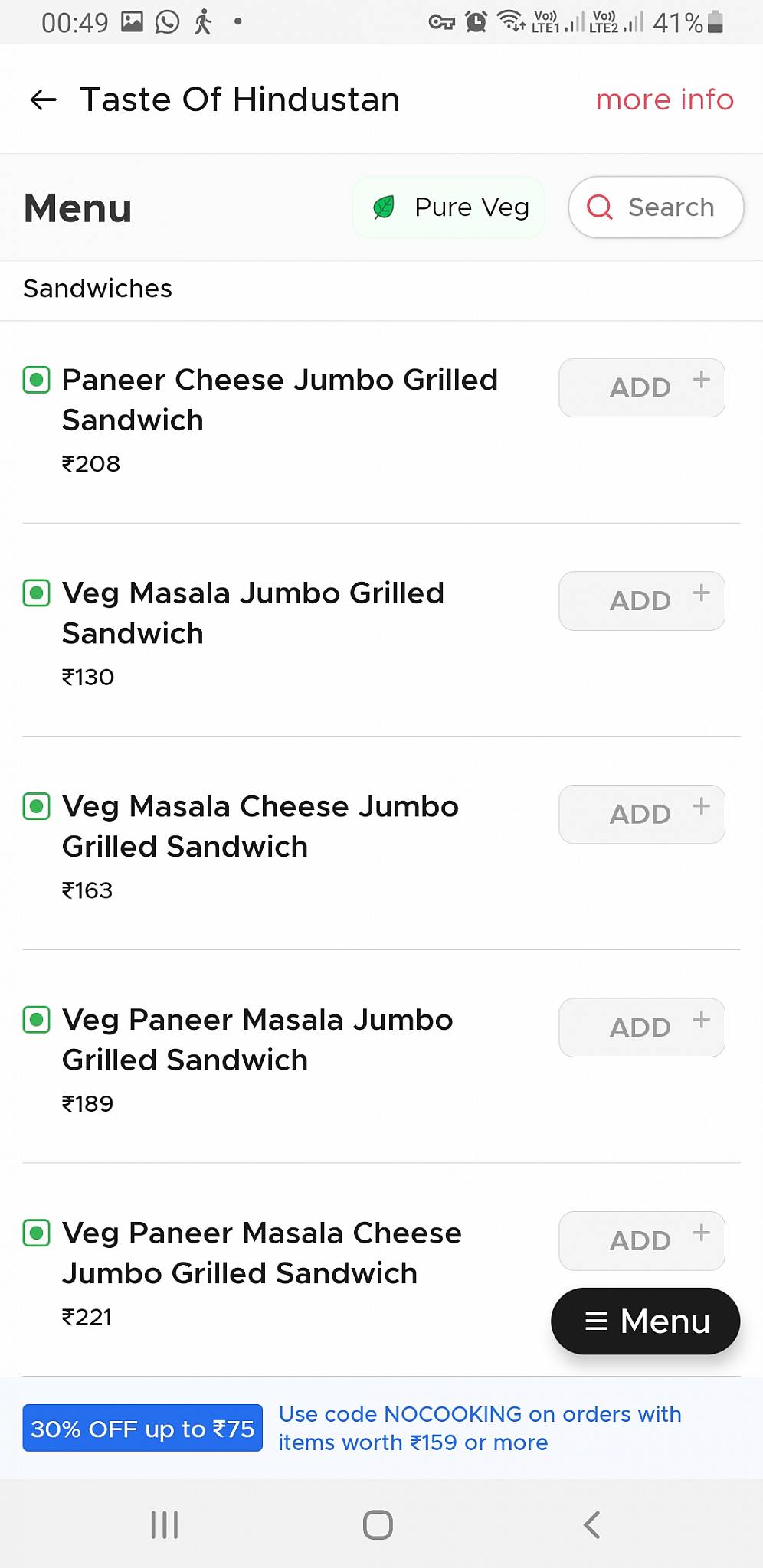 Taste of Hindustan menu