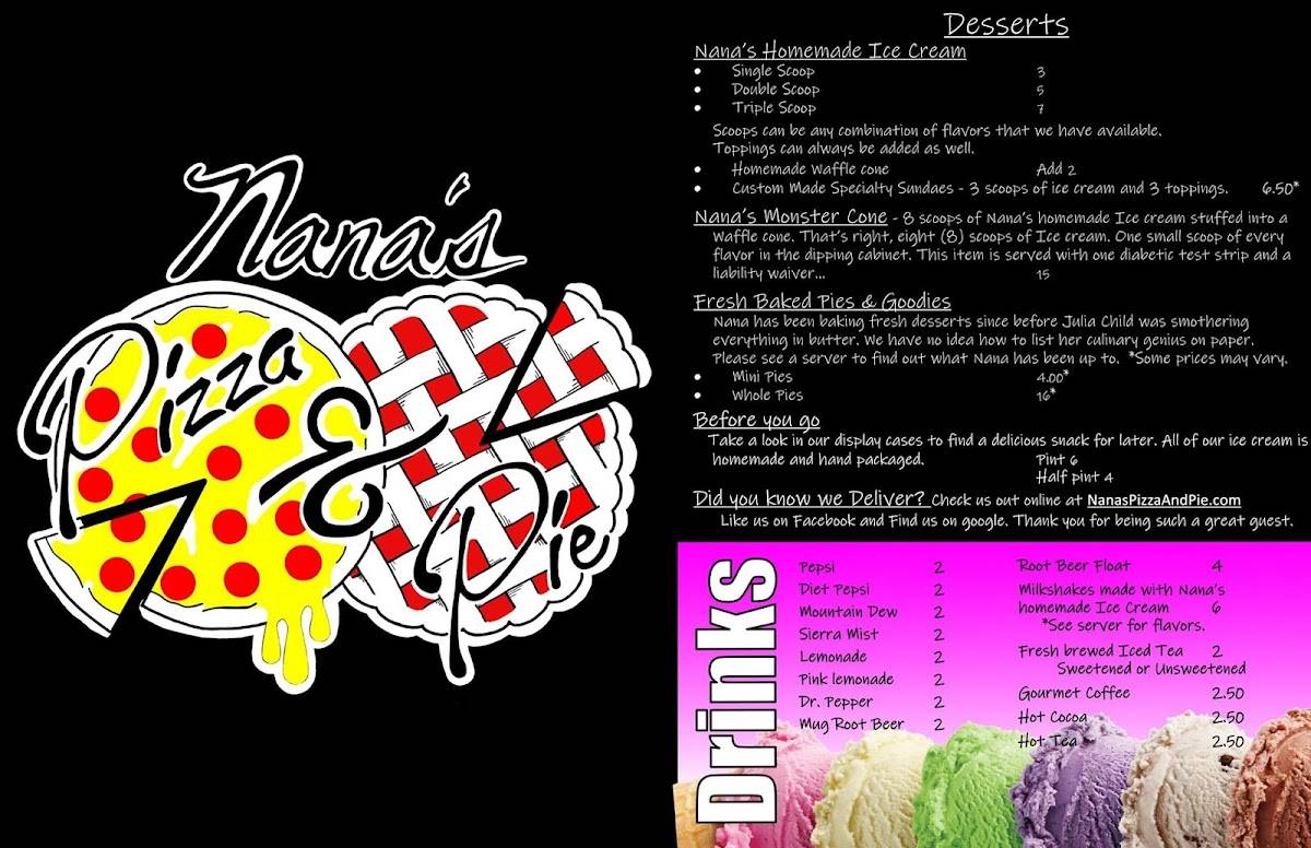 Menu at Nana's Pizza & Pie, LLC pizzeria, Moundsville