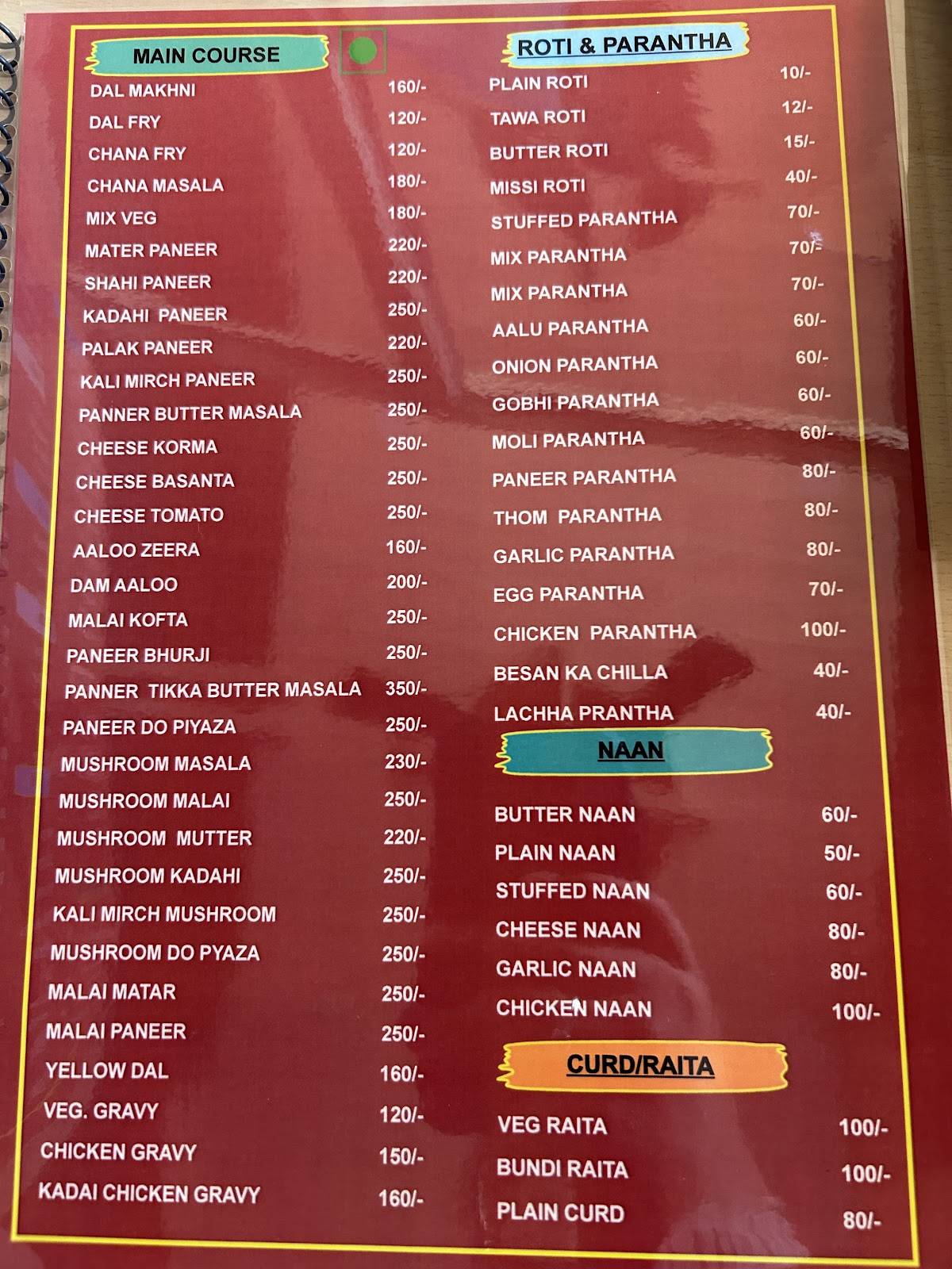 New Simran Dhaba Gogi menu