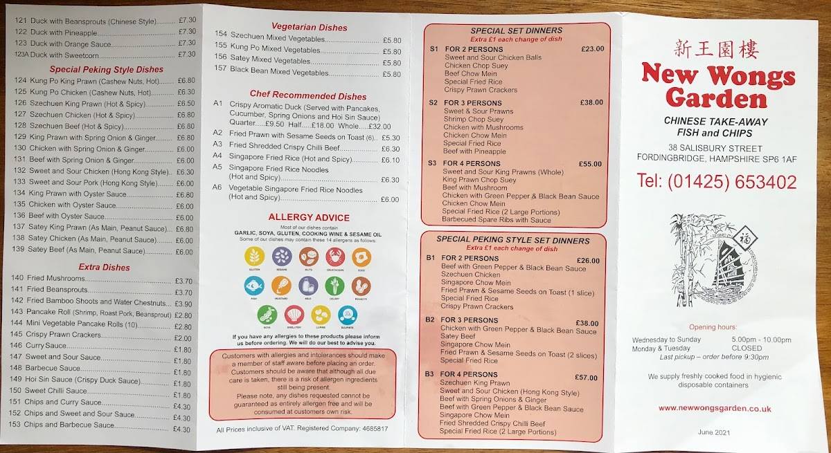 Menu At New Wongs Garden Ltd Fast Food Fordingbridge   Menu New Wongs Garden Ltd 