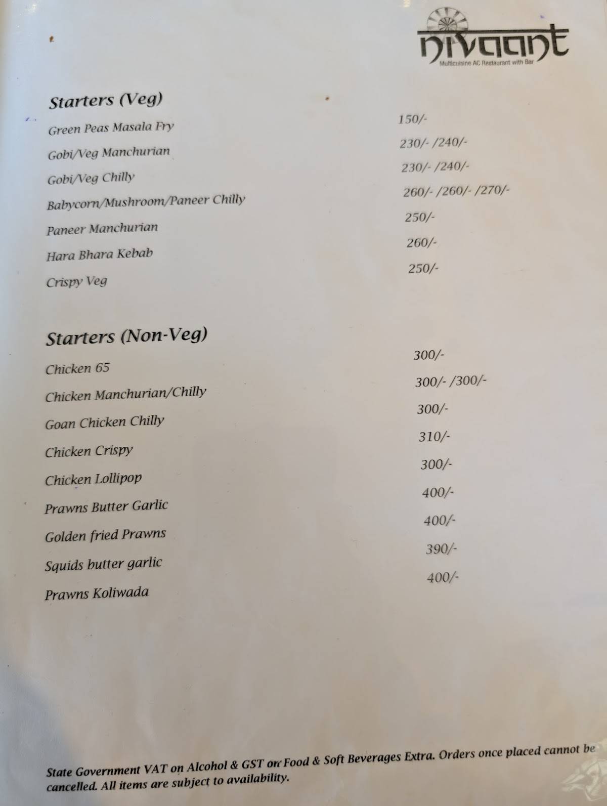 Nivaant Multicuisine AC Restaurant with Bar menu