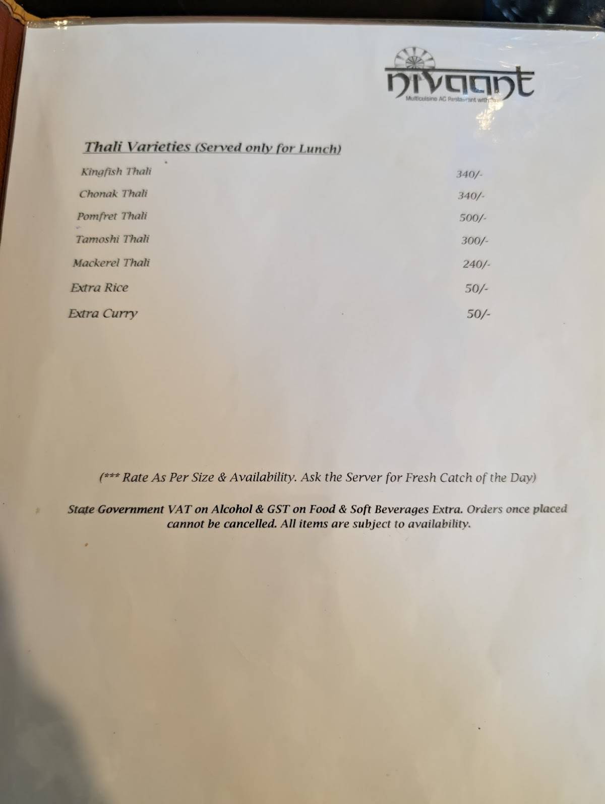 Nivaant Multicuisine AC Restaurant with Bar menu