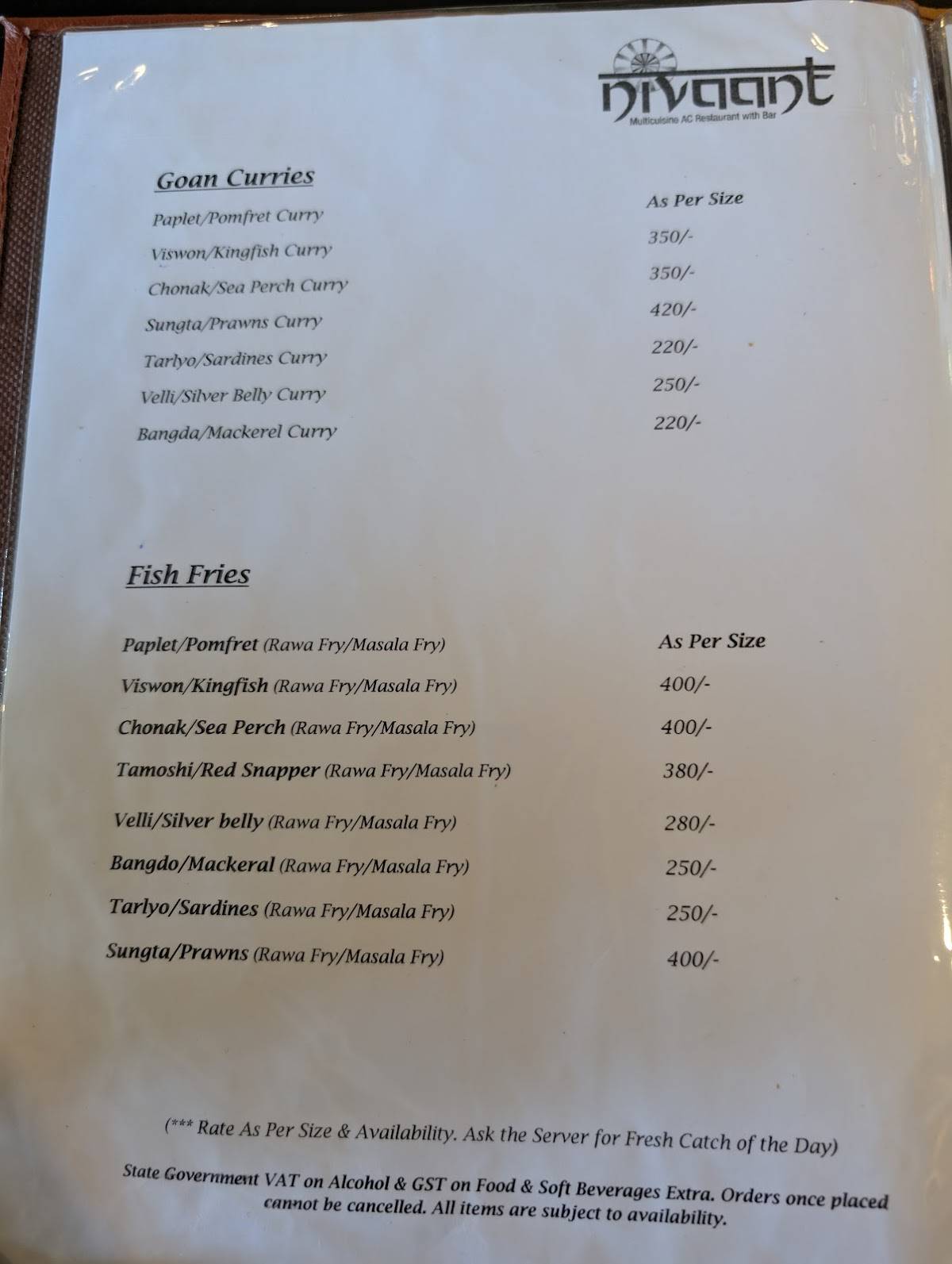 Nivaant Multicuisine AC Restaurant with Bar menu