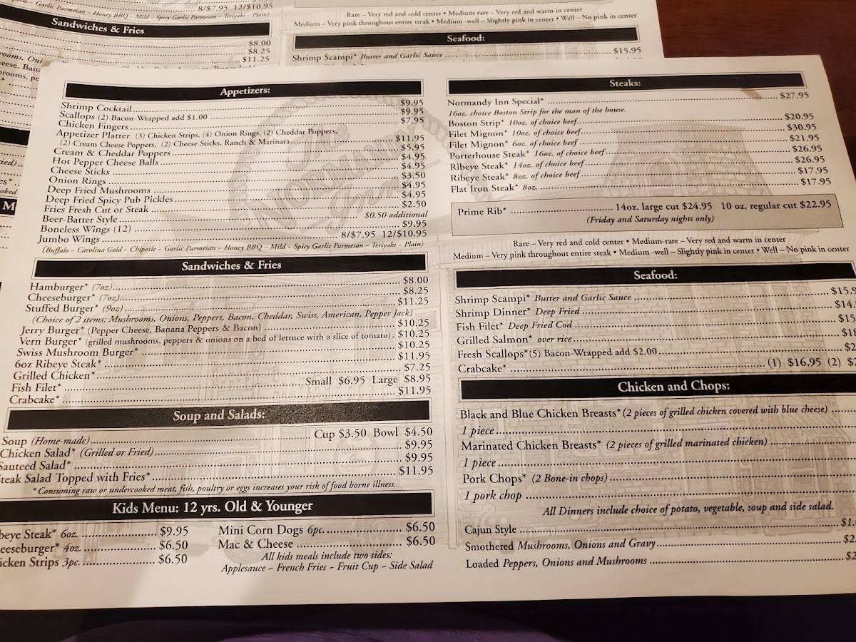 Menu at Normandy Inn pub & bar, Minerva