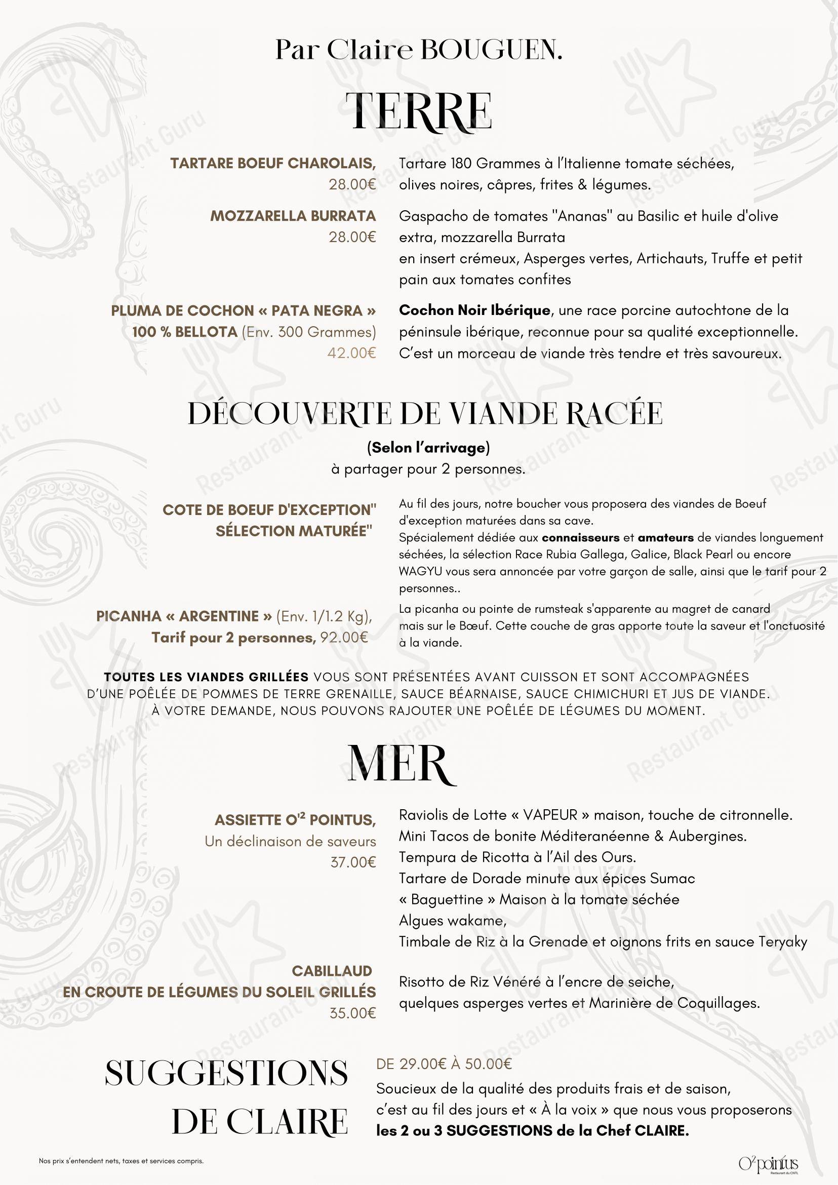 Menu bar pour O'2 Pointus restaurant