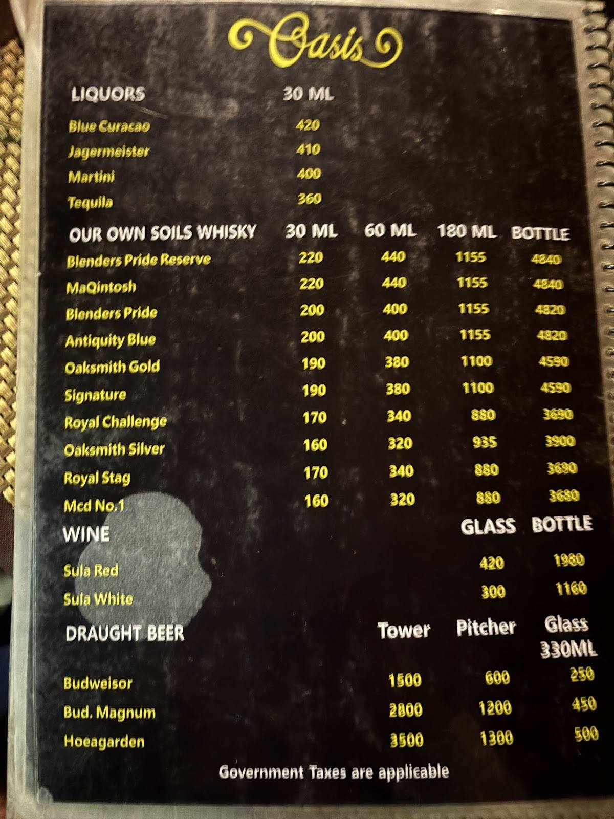OASIS RESTAURANT, BAR & BANQUETS menu