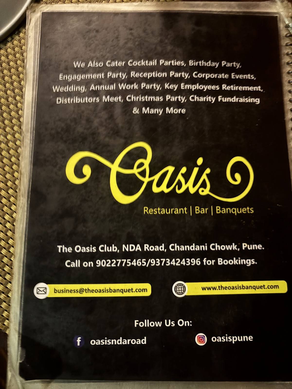 OASIS RESTAURANT, BAR & BANQUETS menu