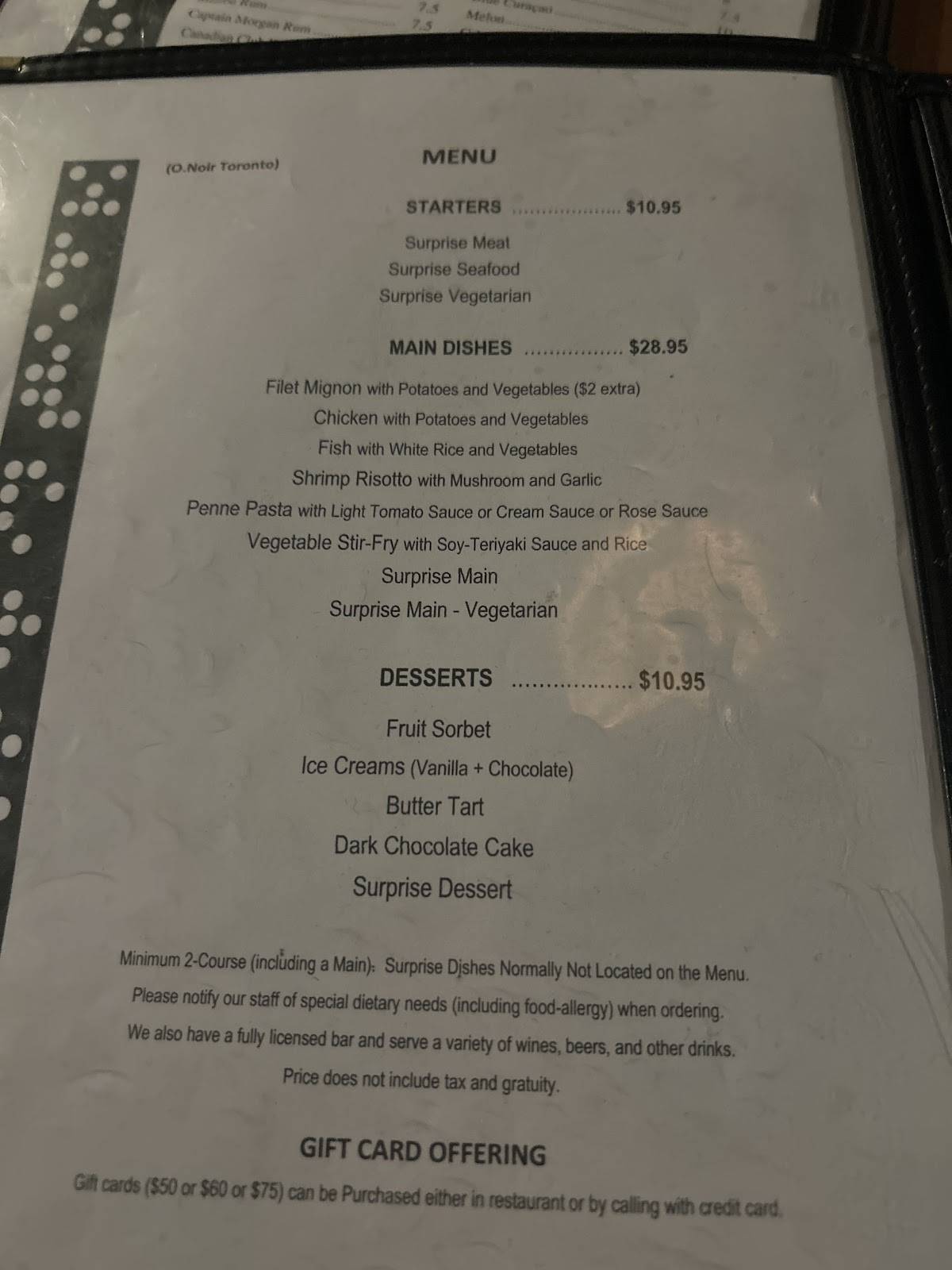 Menu de ONoir Toronto
