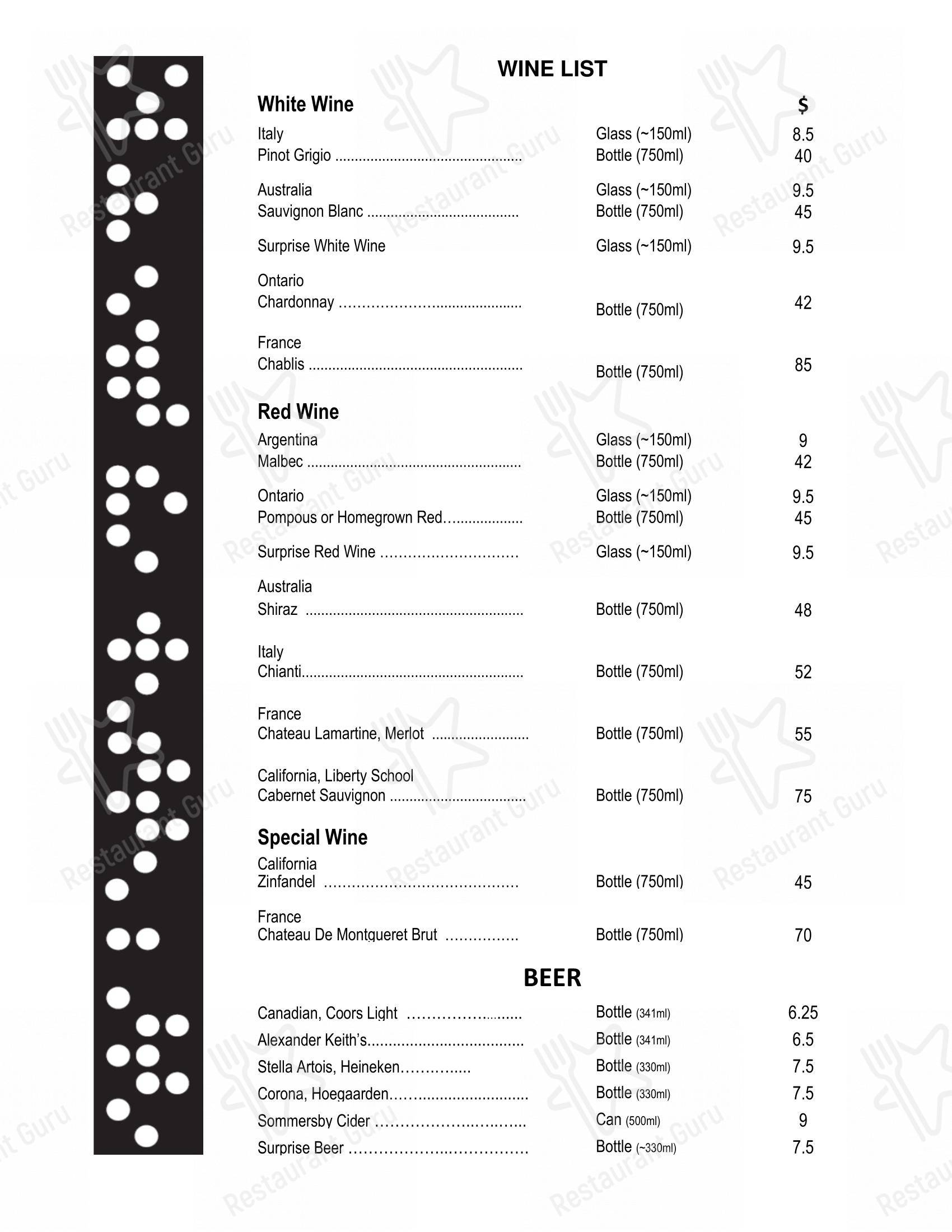 Menu bar pour ONoir Toronto restaurant