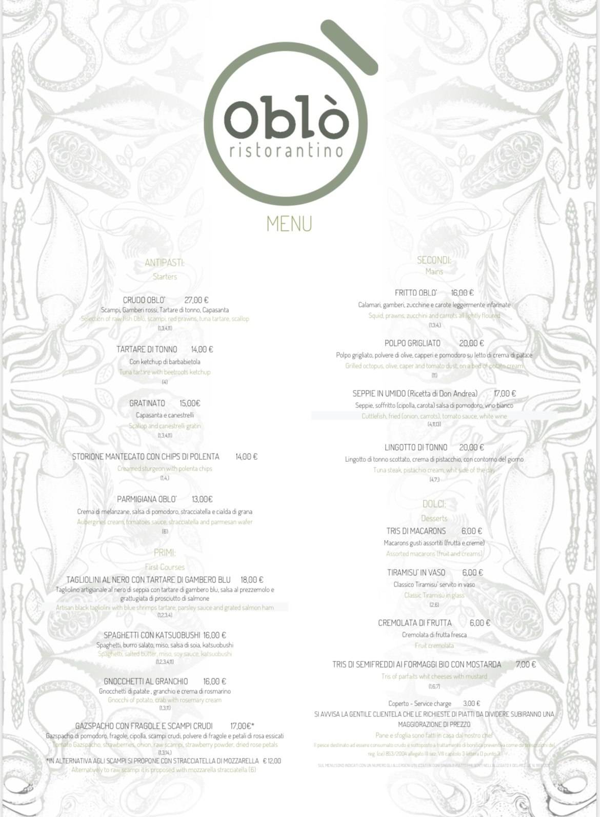 Menu di Oblò Food & Drinks