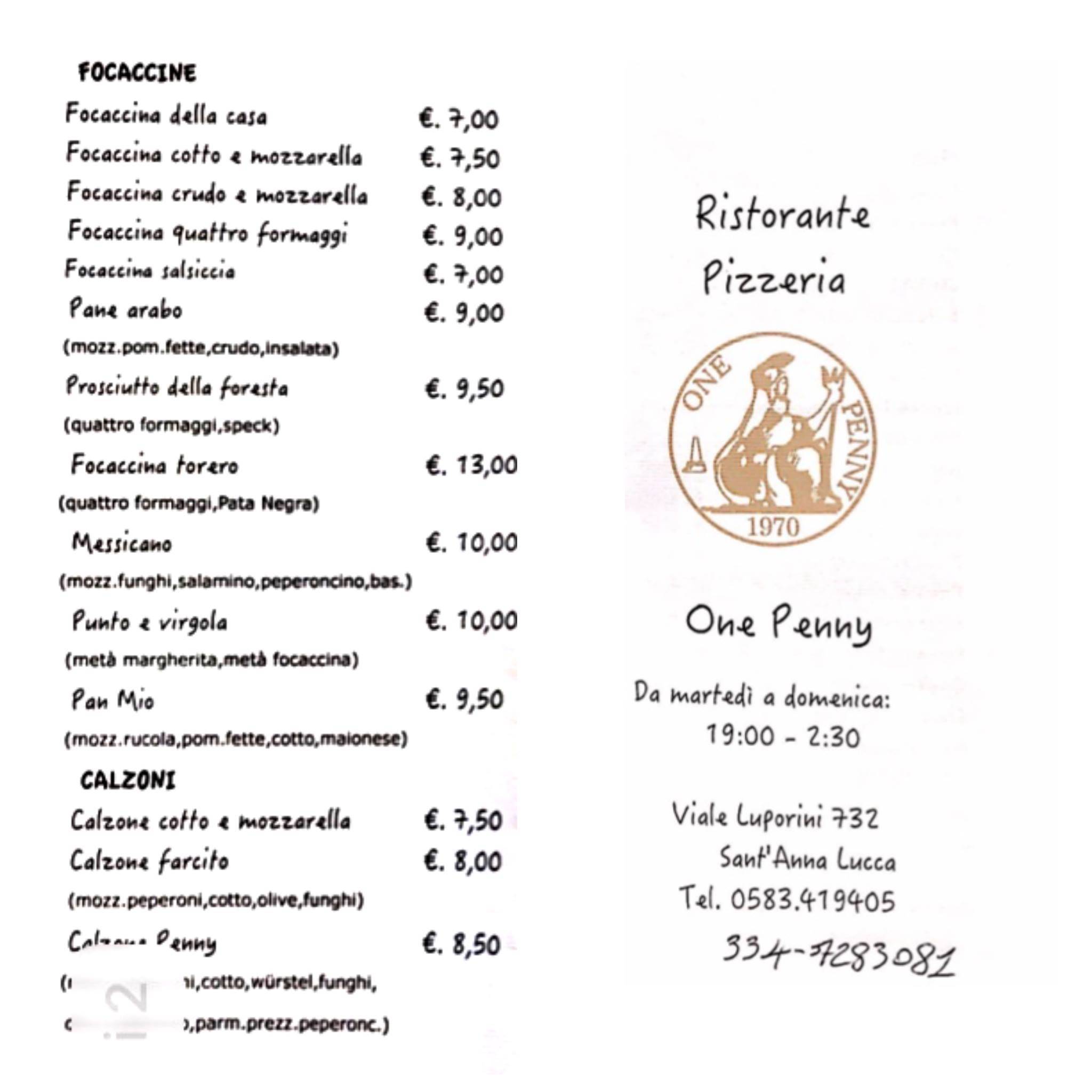 Menu di One Penny Ristorante Pizzeria 