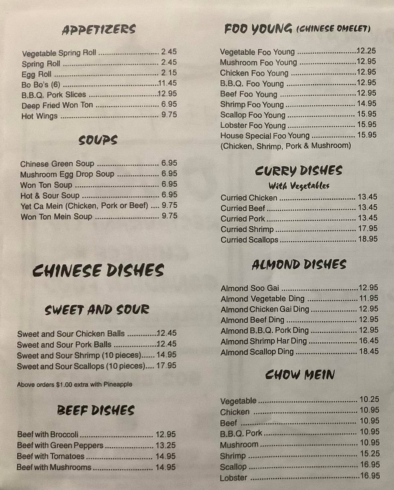 Menu at Ong's restaurant, Head of Jeddore