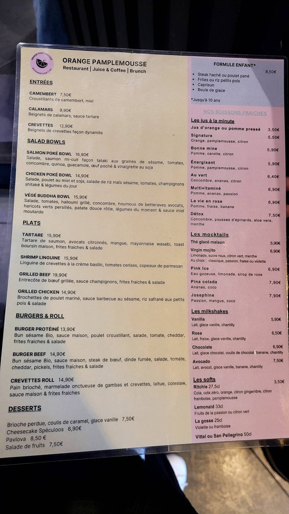 Menu de Orange Pamplemousse