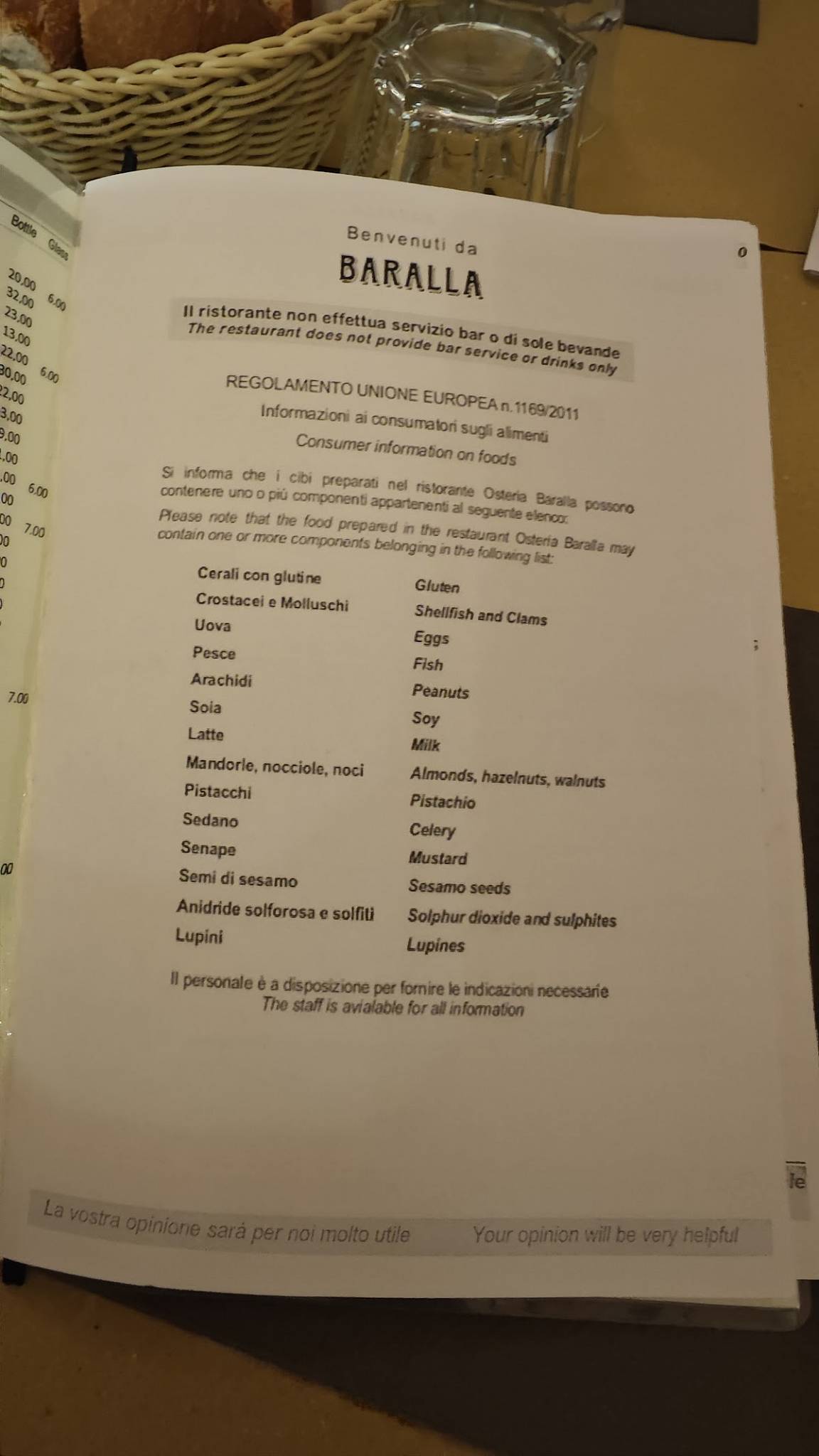 Menu di Osteria Baralla 
