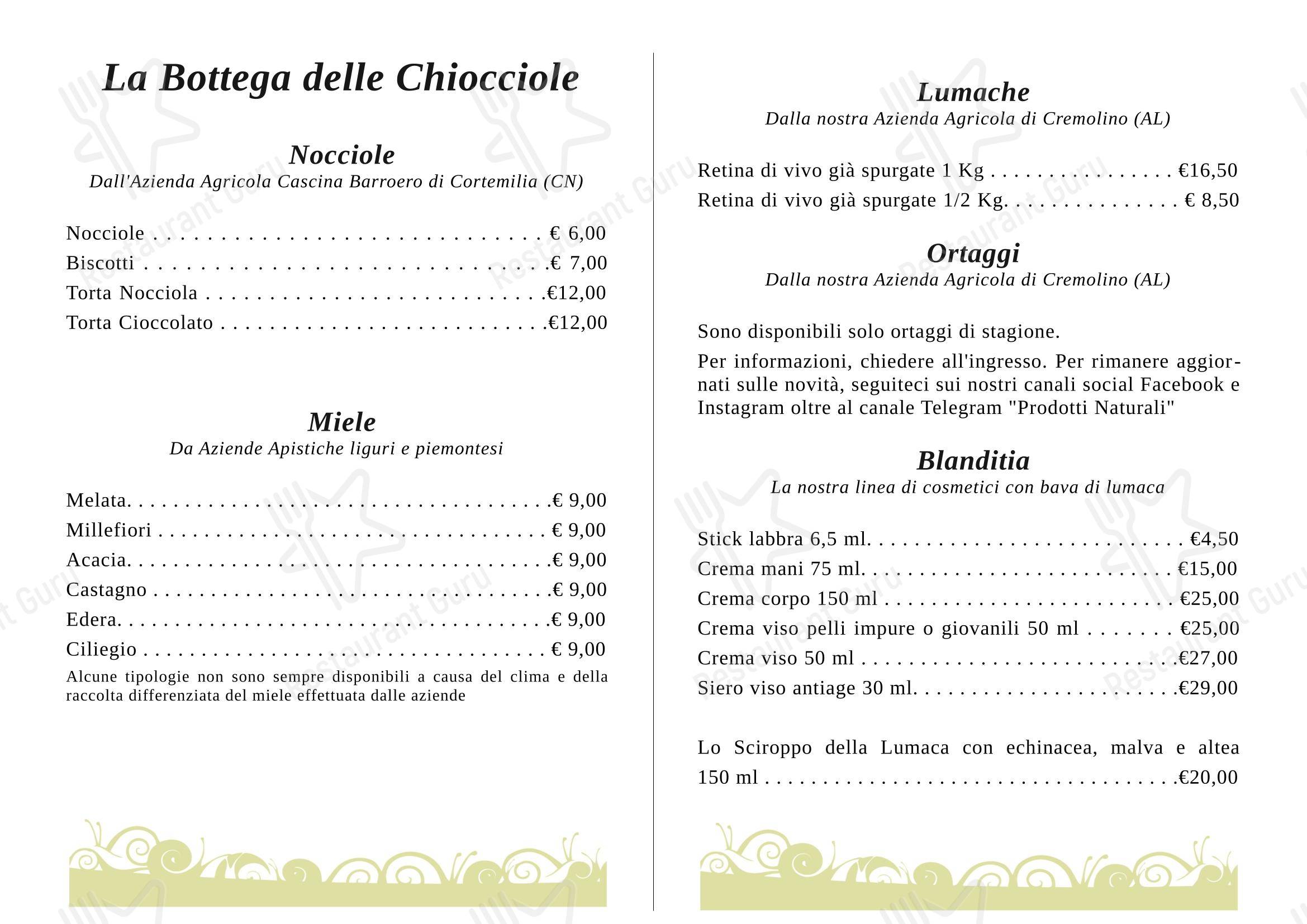 Menu per Osteria Le Chiocciole in Genova