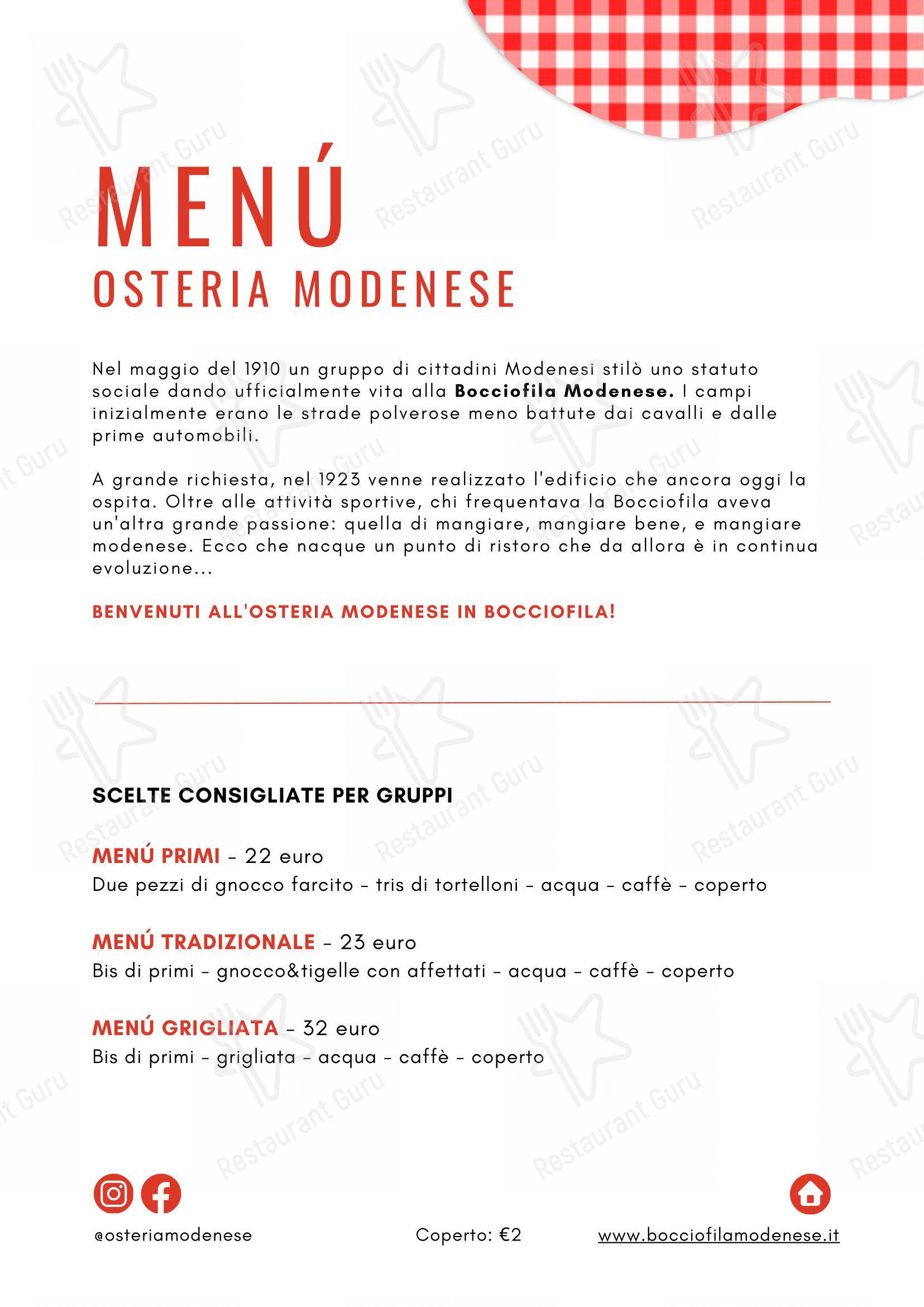 Menu per Osteria Modenese in Bocciofila in Modena