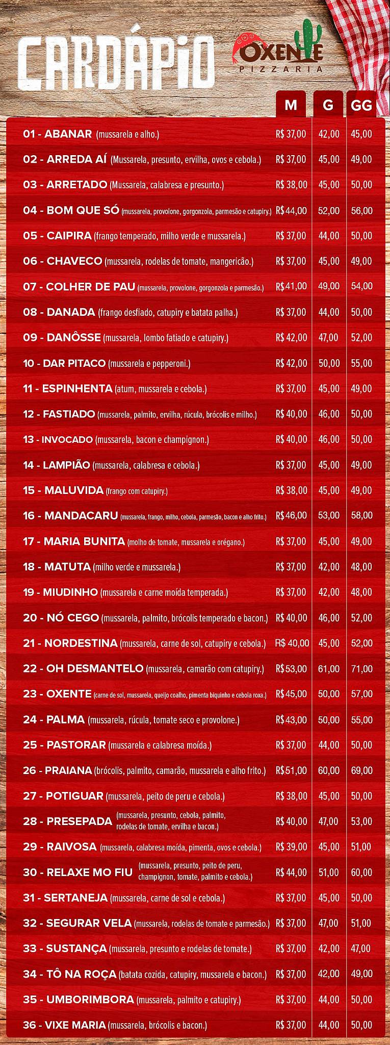Oxente Pizzaria - Lagoa Nova cardápio