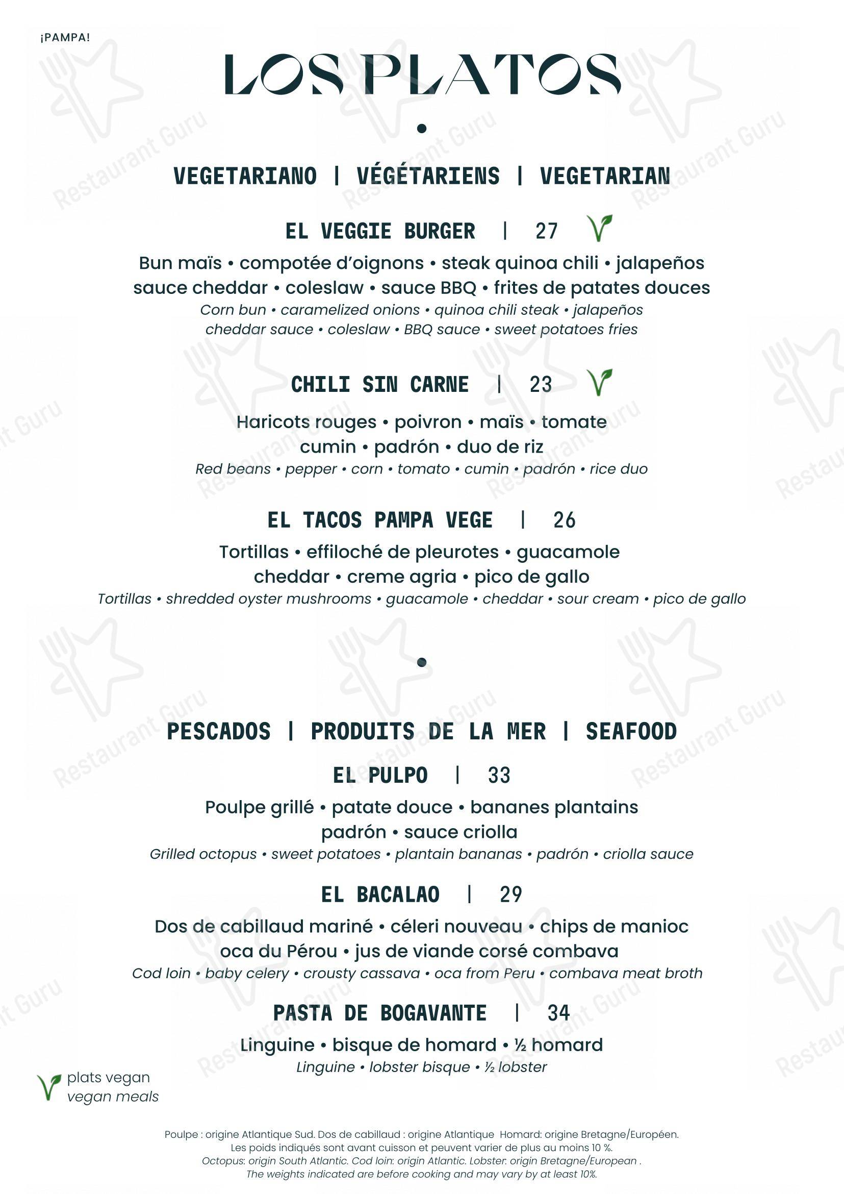 Menu pour PAMPA dans Lyon