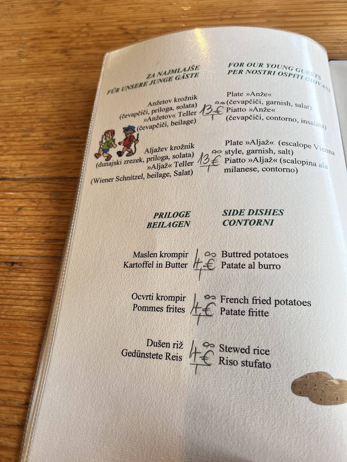 PENZION ROŽIČ, d.o.o., Bohinjsko jezero menu