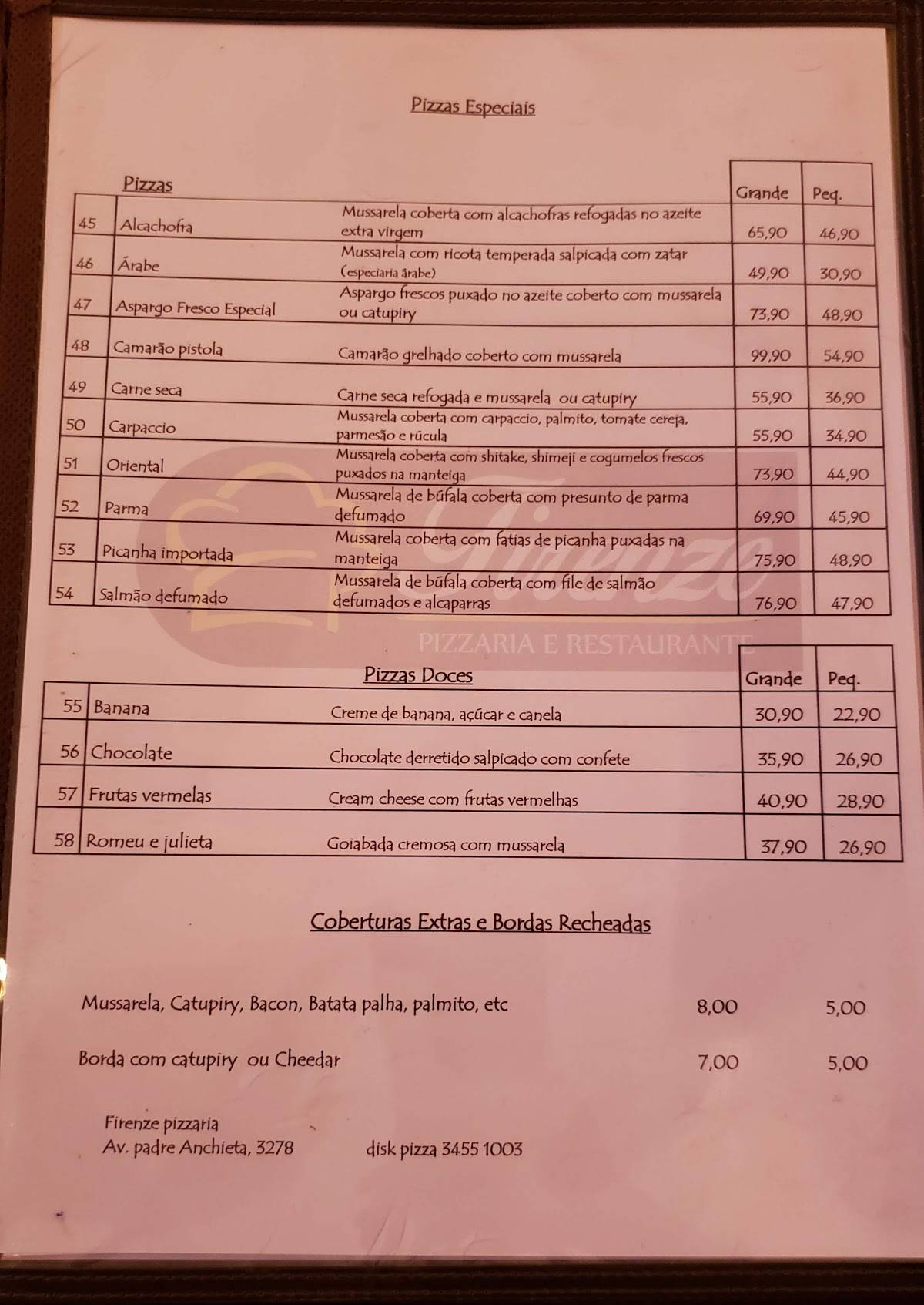 Pizzaria e Restaurante Firenze cardápio