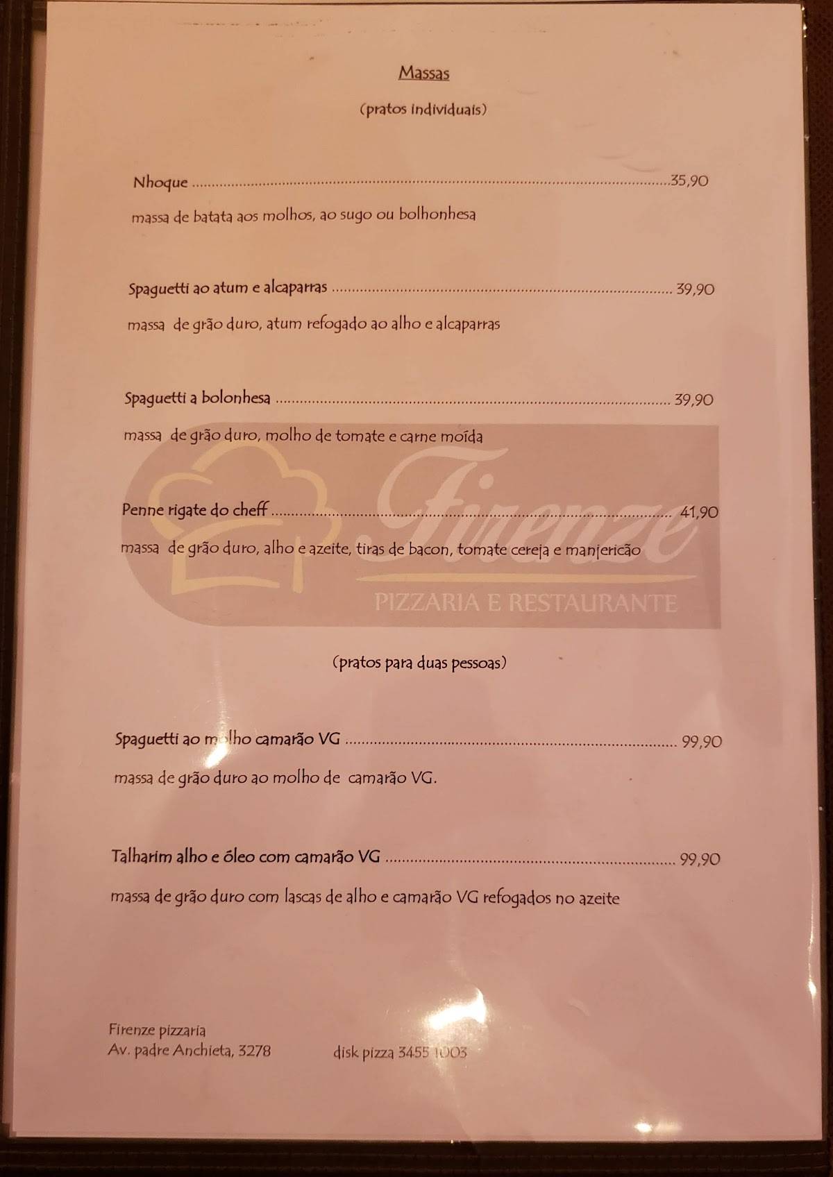 Pizzaria e Restaurante Firenze cardápio