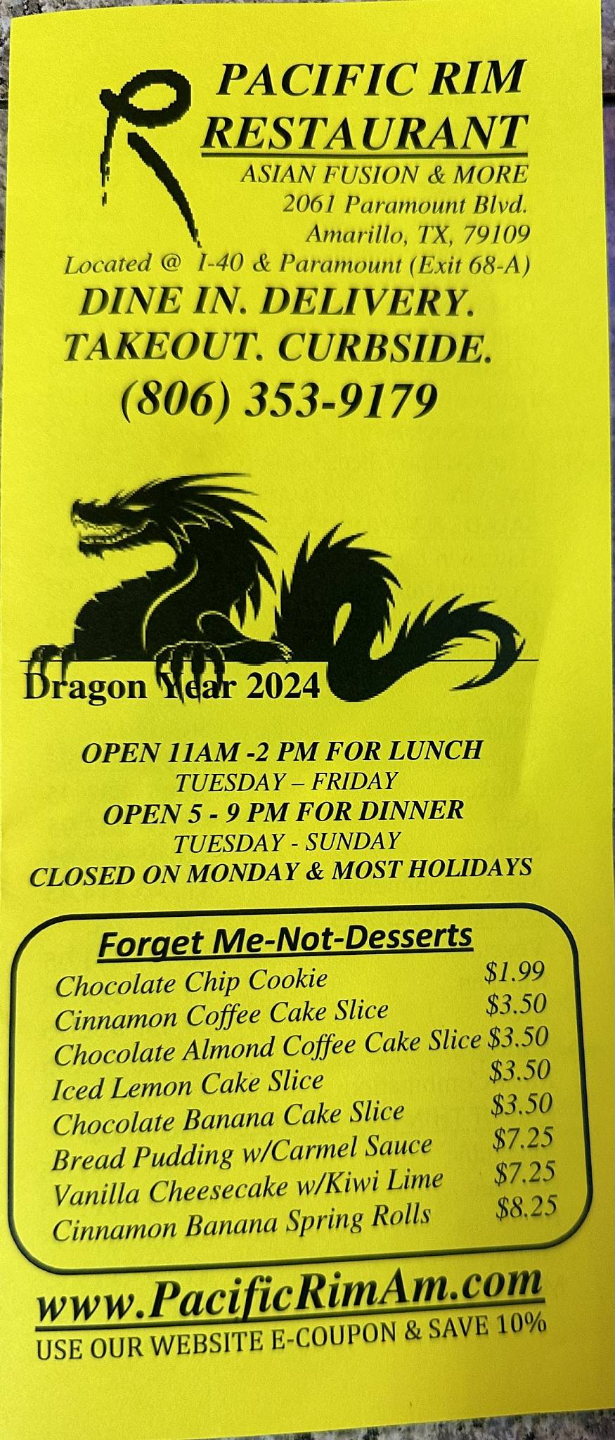 Menu at Pacific Rim restaurant, Amarillo