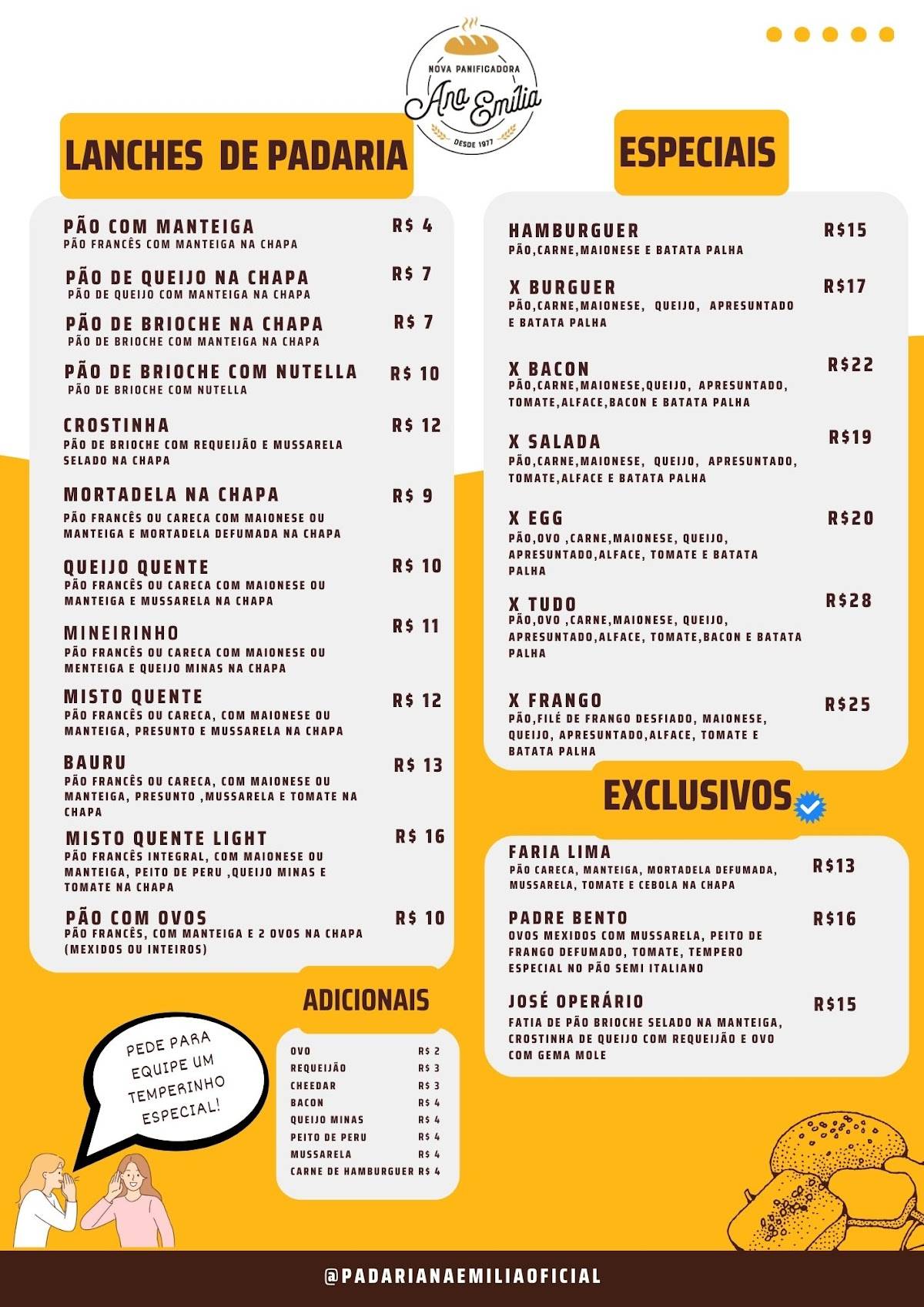 Padaria Ana Emília cardápio