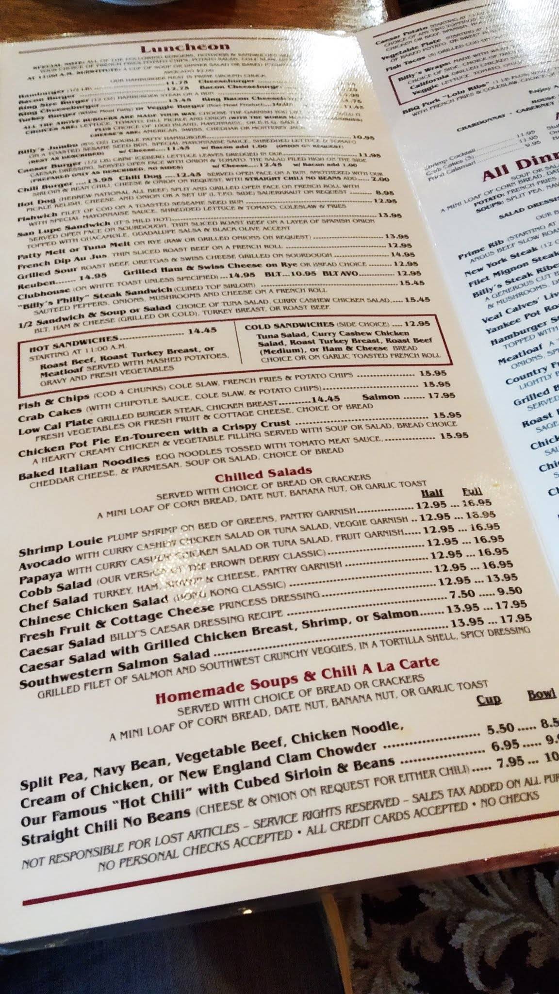 Menu at Billy Reed's Palm Springs restaurant, Palm Springs