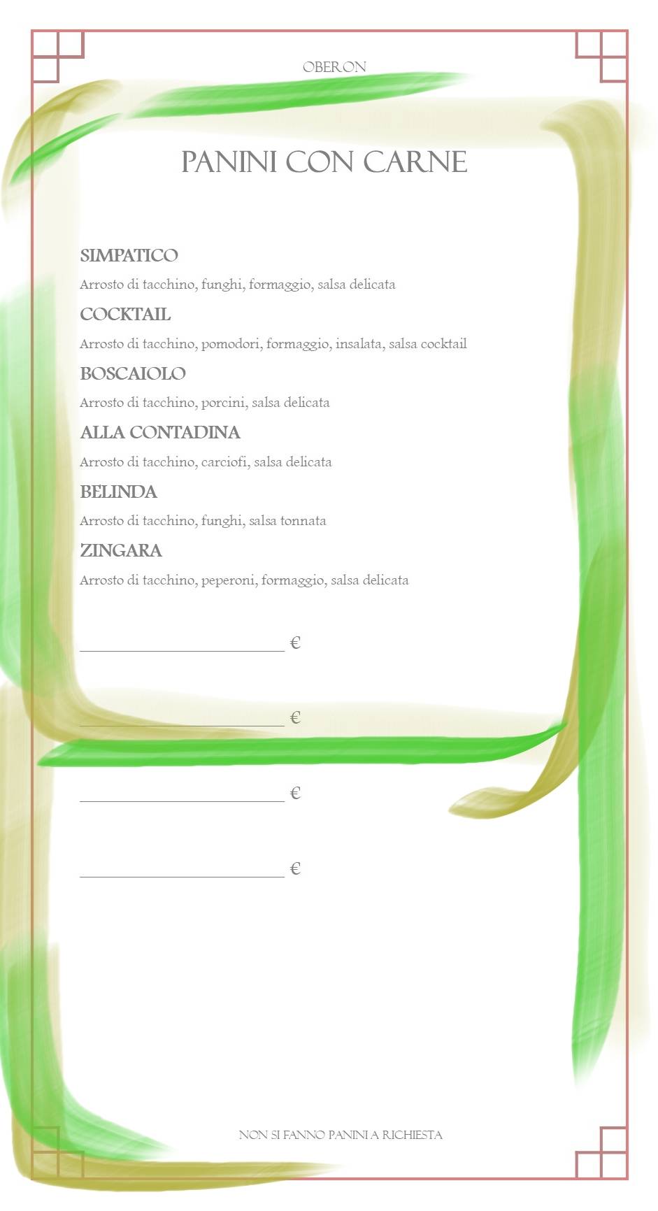 Menu di Panineria Birreria Oberon 