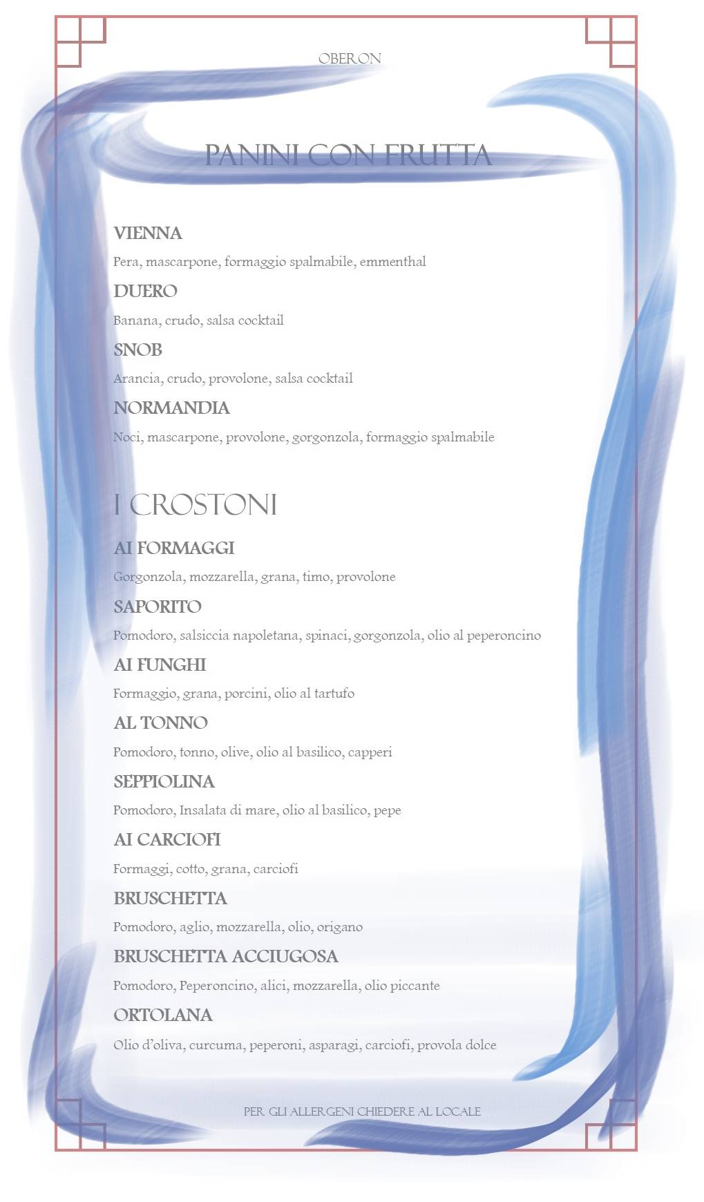 Menu di Panineria Birreria Oberon 