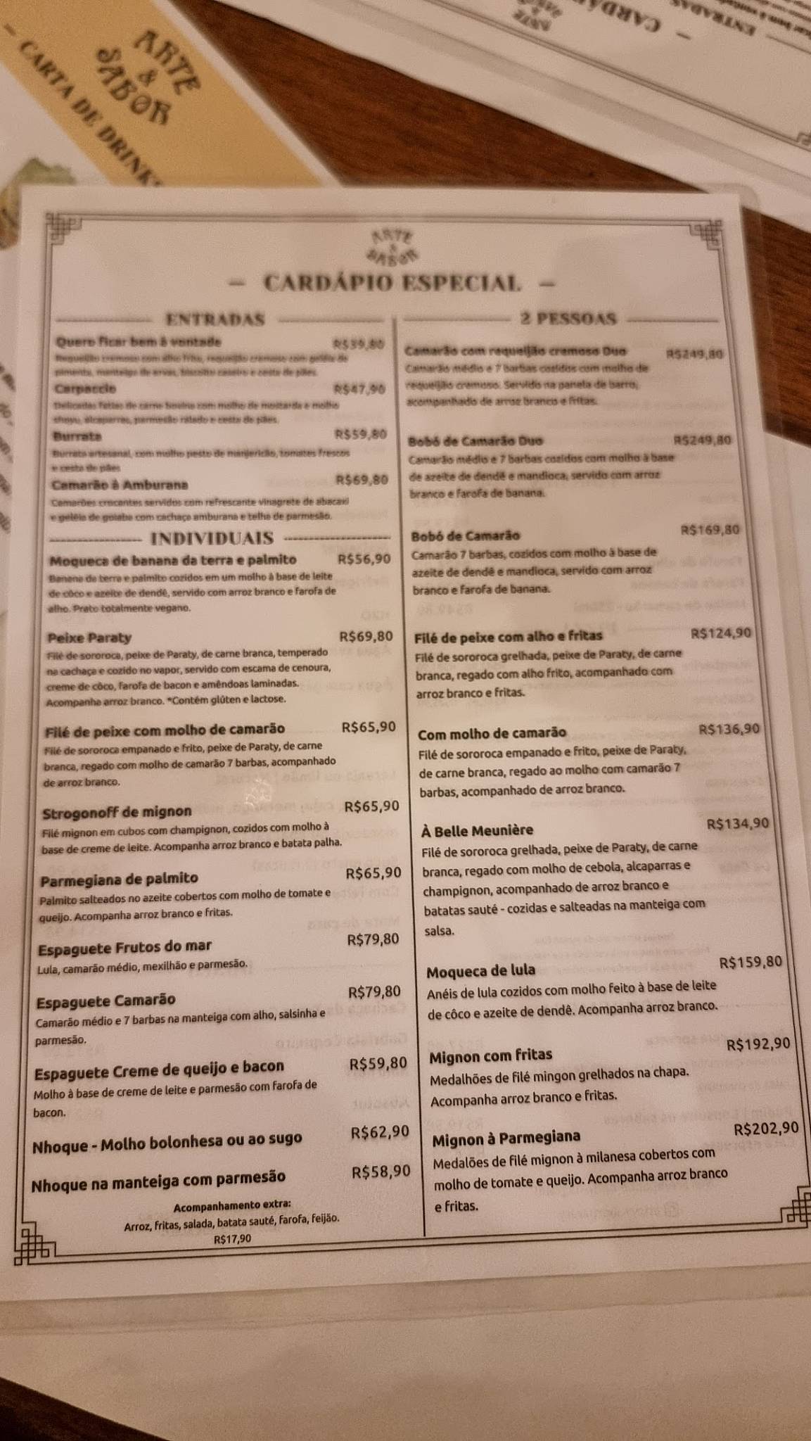 Restaurante Arte e Sabor cardápio