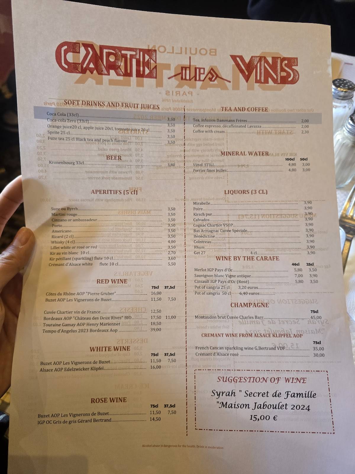 Menu de Bouillon Chartier Gare de l'Est