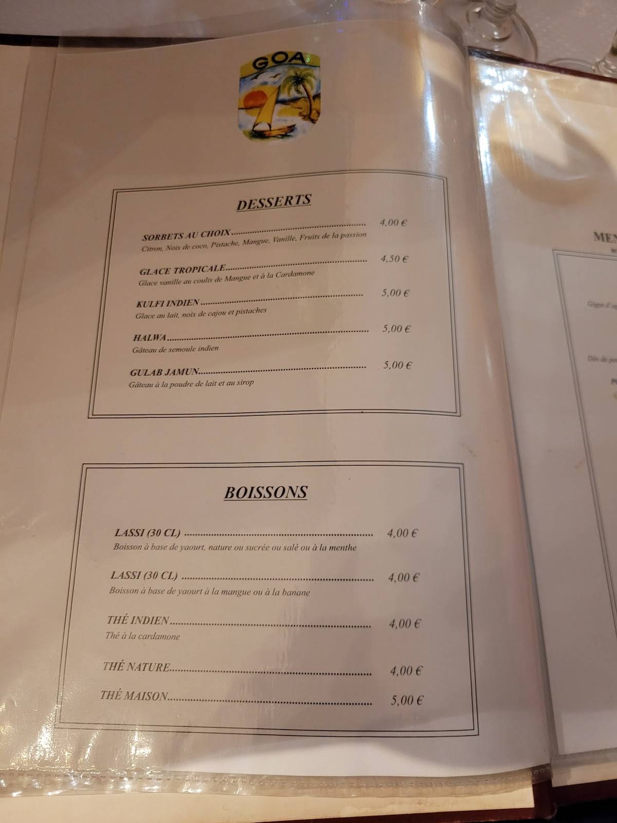 Menu de Restaurant Indien Goa